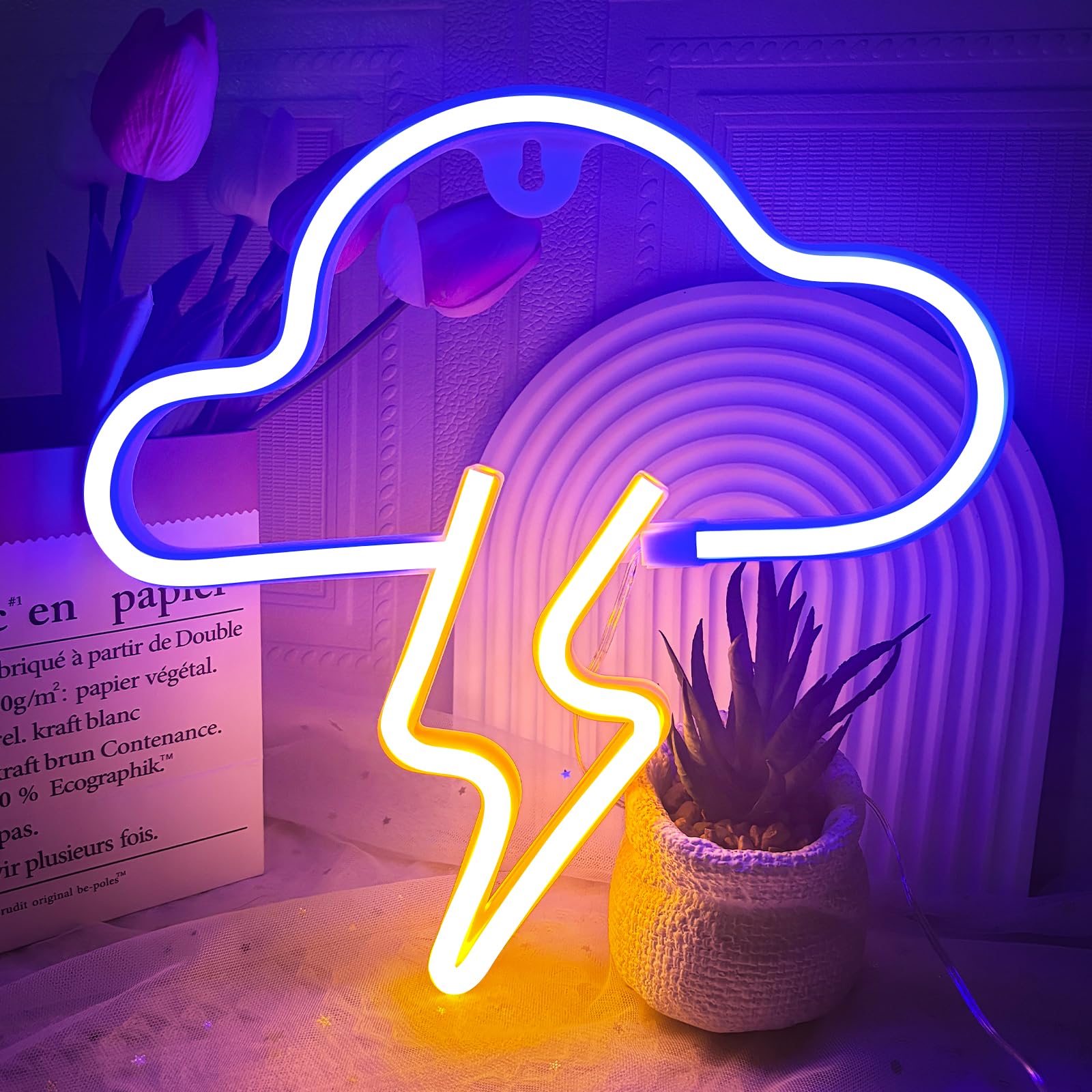 Cloud Neon Sign, Lightning Neon Lights, LED Light Signs for Wall Decor, Battery or USB Powered Decorative Wall Signs Lights for Bedroom,Party,Birthday Gift (Blue+Yellow Lightning)
