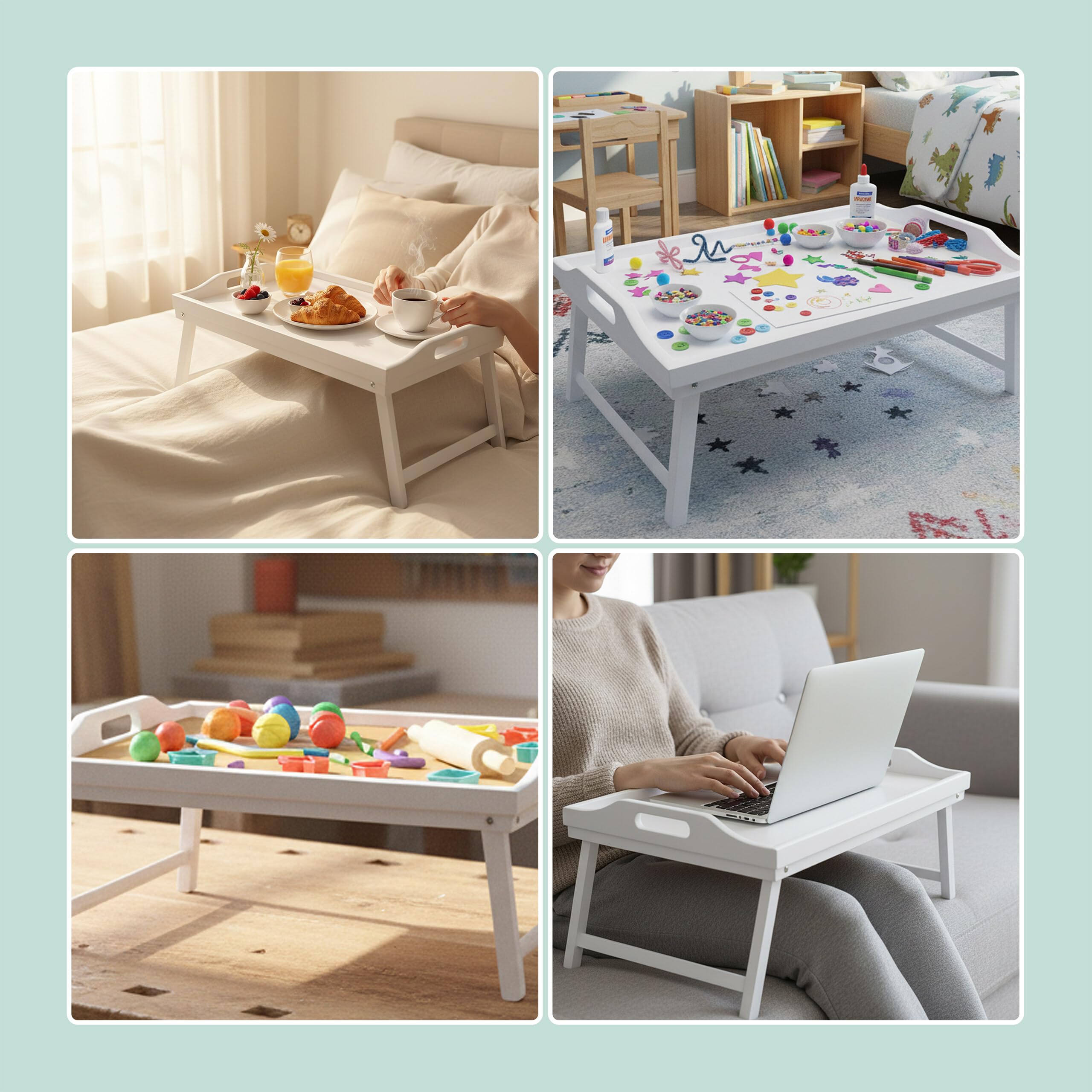 Vassoio da Letto Relaxdays, bambù, HxLxP: 20 x 50 x 30 cm, con Piedini, Maniglie, Colazione in Letto, Bianco