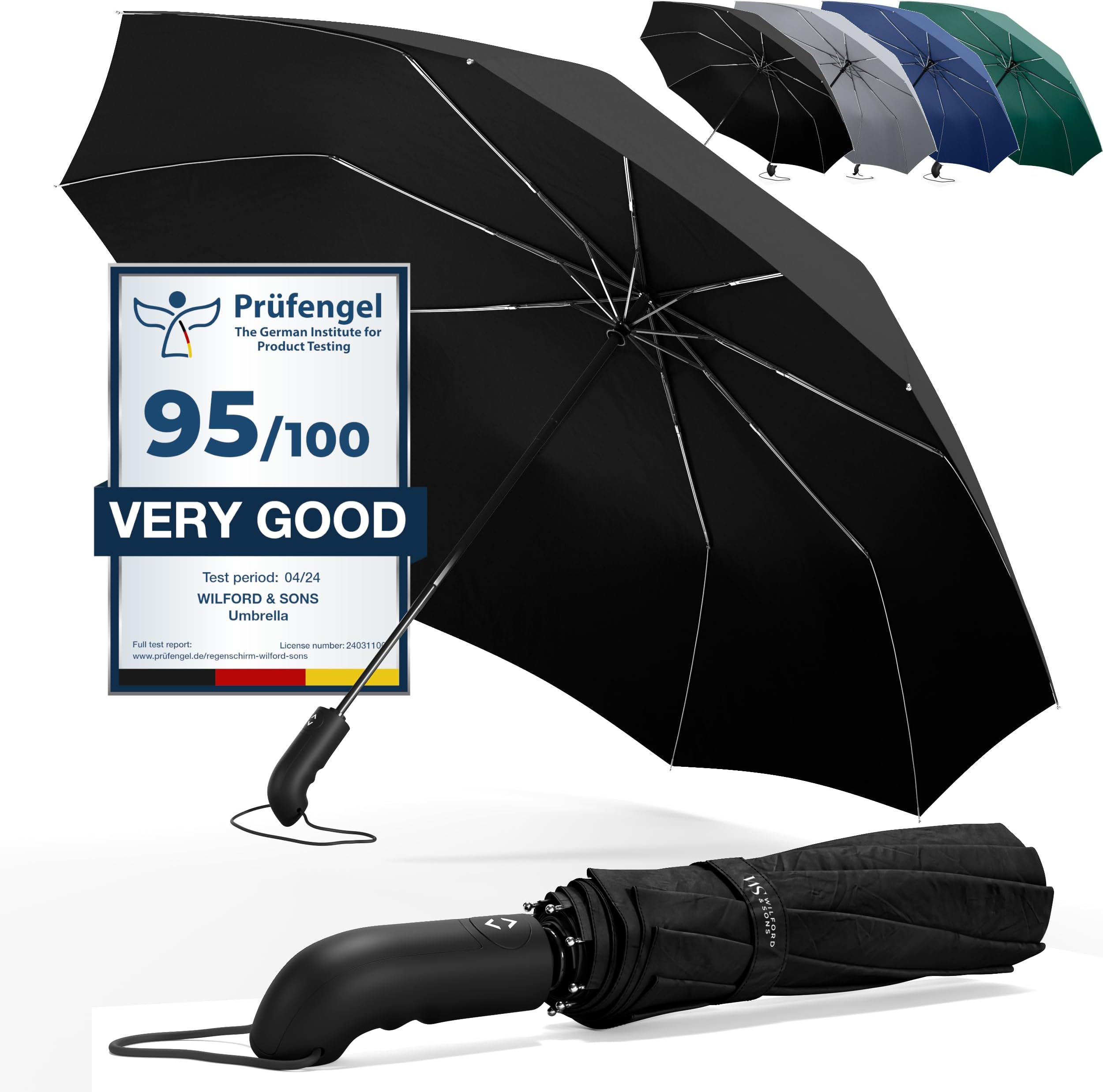 Ombrello Pieghevole Perletti Antivento - Apertura Automatica, Diametro 98 Cm | Grigio Bordo Azzurro, Compatto Da Borsa - Foto 11