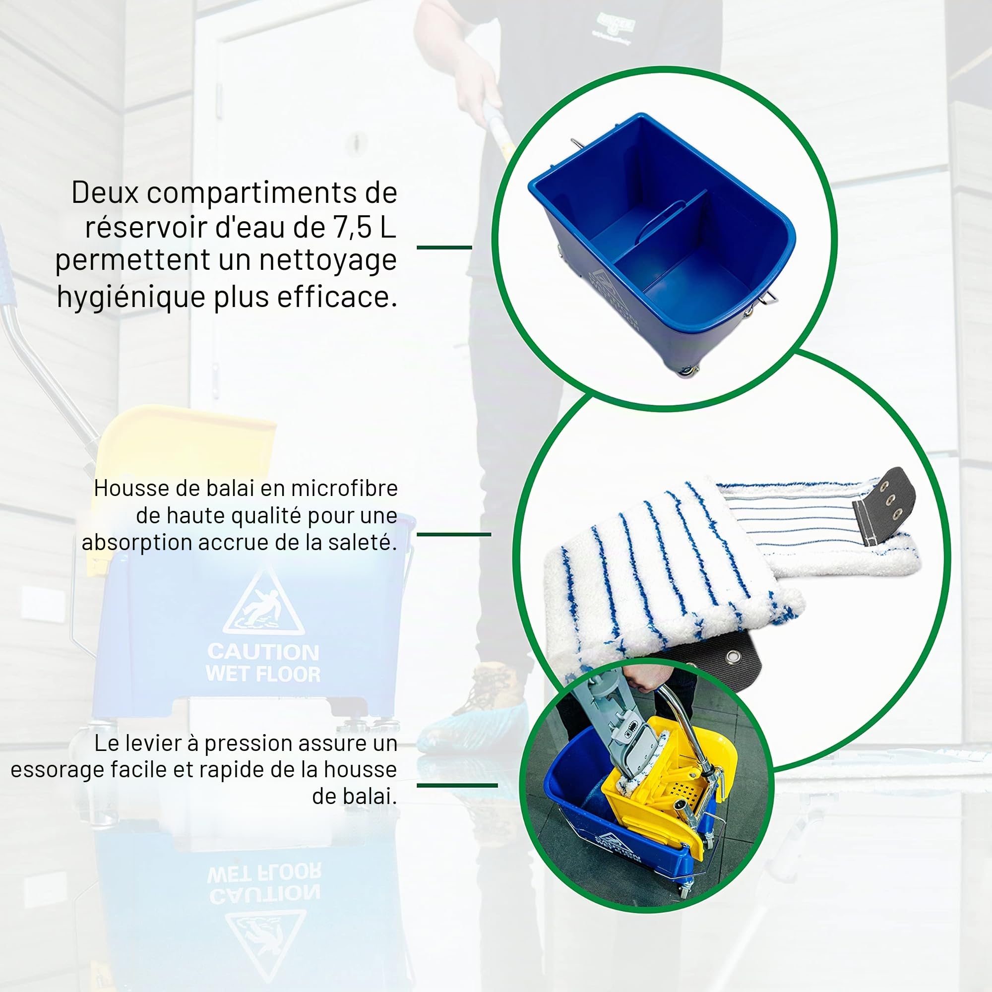 UNGER 79078 Kit de Nettoyage de Sol Professionnel (avec Seau Double 15 l, serpillère en Microfibre et Support de Rabat Plat)