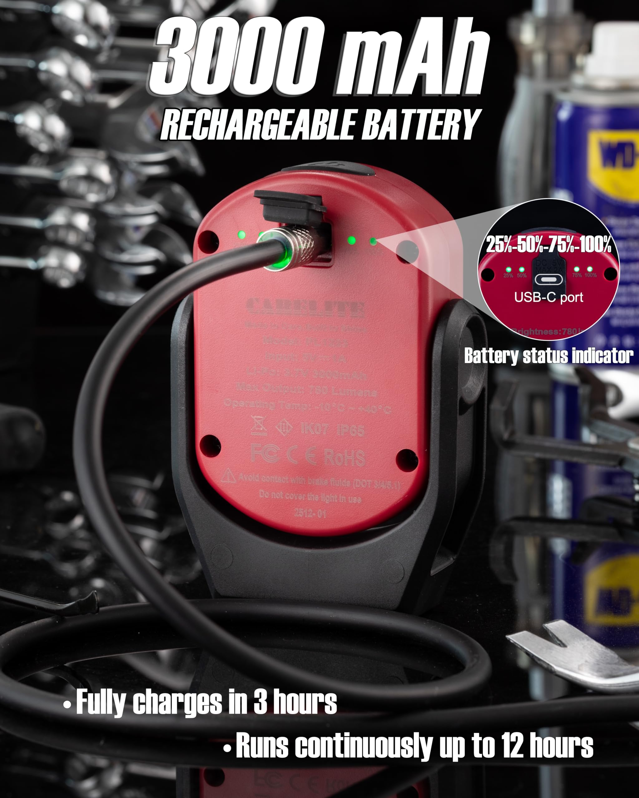 Magnetische Arbeitsleuchte - 780 Lumen Kompaktes Taschenlicht, wiederaufladbar 3000mAh, 360° schwenkbar, langlebig & tragbar für Mechaniker & Baustellen (Rot, 2er-Pack)
