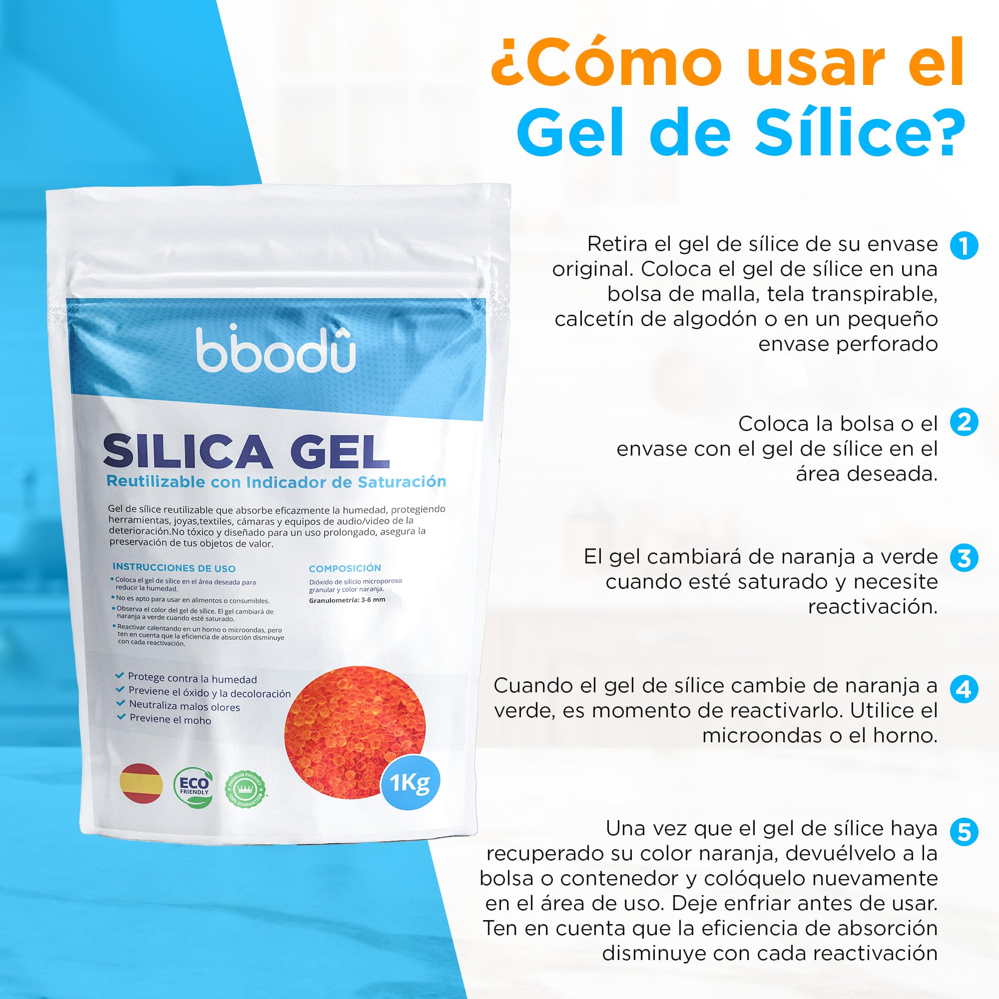 Silica Gel Naranja 1KG + 10 Bolsas | Gel de Silice Reutilizable con Indicador de Saturación | Perfecto para Armarios, Cajones, Productos Electrónicos y Secado de Flores