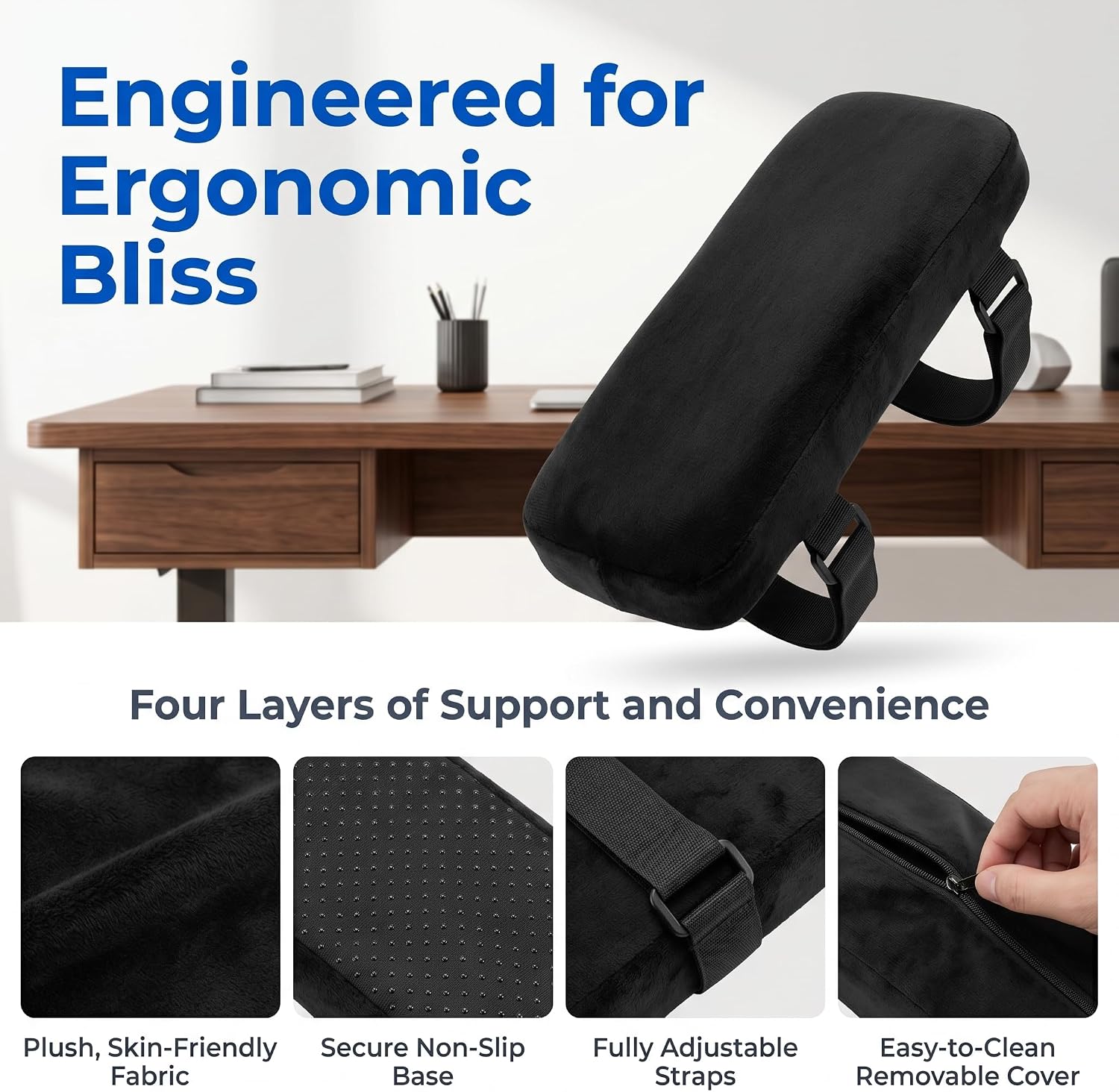 2 Pack Black Armrest Pads, PP Cotton Chair Cushion with Adjustable Straps, Universal Elbow Forearm Pressure Relief Covers for Office, Gaming, Desk Chair and Wheelchair