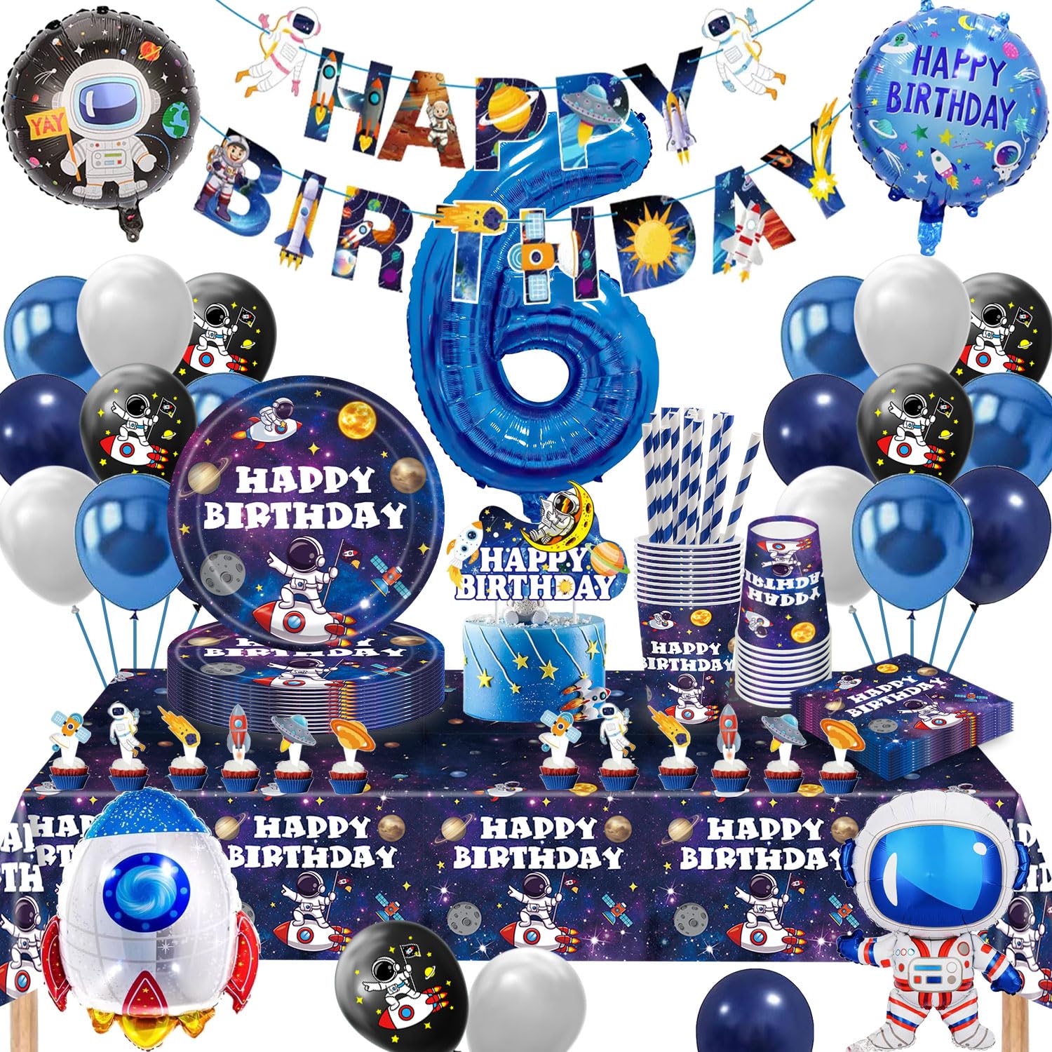 Space Party Tableware Set 6 Years, Space Birthday Decoration, Astronaut Party Plates Birthday, Space Balloon Paper Plates, Cups, Napkins, Tablecloth for Astronaut Children's Birthday Decoration for 16
