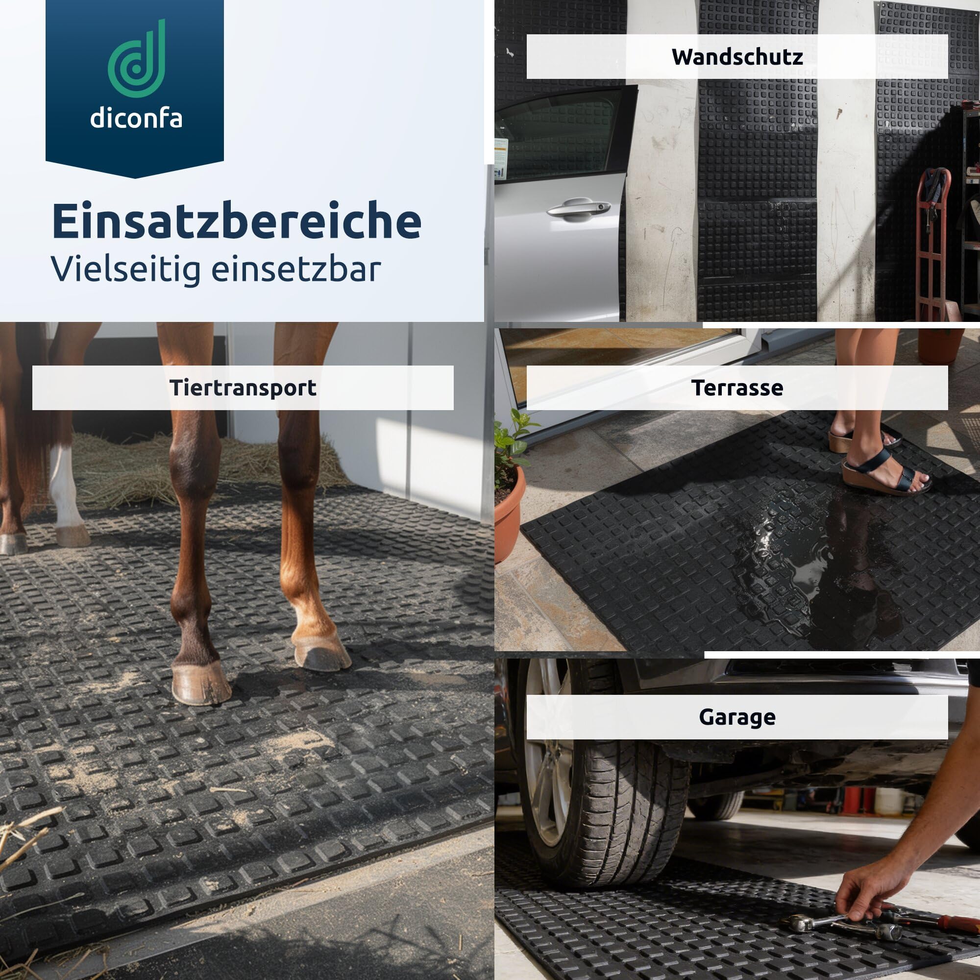 diconfa Gummimatte Klotzmatte 8mm NACH Maß - 0,1 bis 1,2m BREIT - 0,1 bis 10m LANG - 60cm x 150cm - mit Gewebeeinlage - Stallmatte Transporter Pferde Pferdewippe Tier-Anhänger Arbeitsplatzmatte
