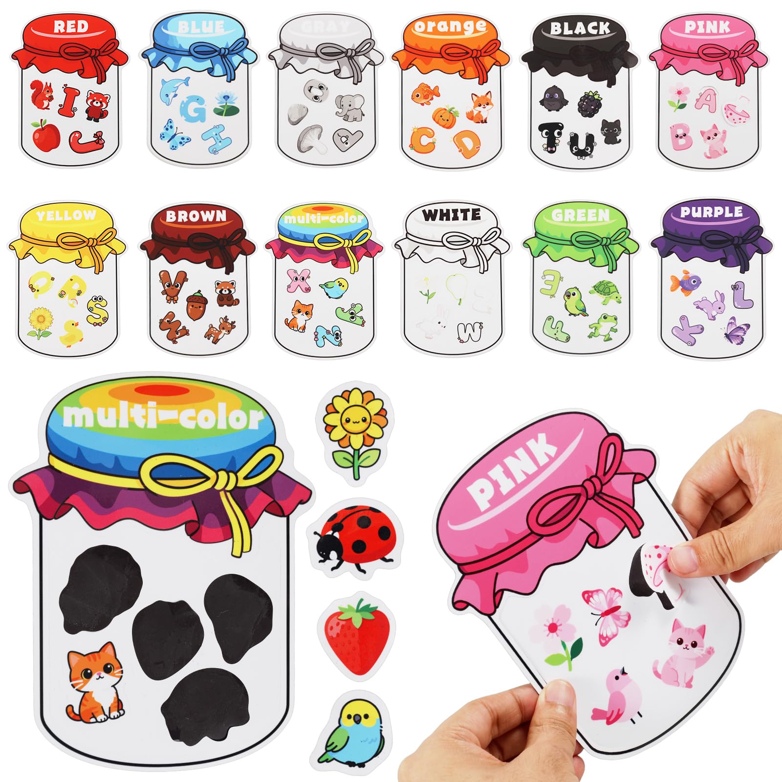12 PCS Magnetic Colour Sorting Toys, Cute Alphabet Jar Fridge Magnets for Kids, ABC Letters Refrigerator Activity with 60 Vibrant Colors Shape, Early Years Whiteboard Educational Toy