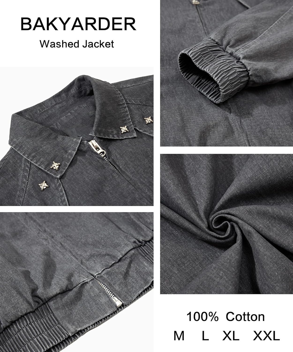 Bakyarder Unisex Vintage Deconstructed Workwear Jacket Collared Bomber Coat with Metal Rivet Details
