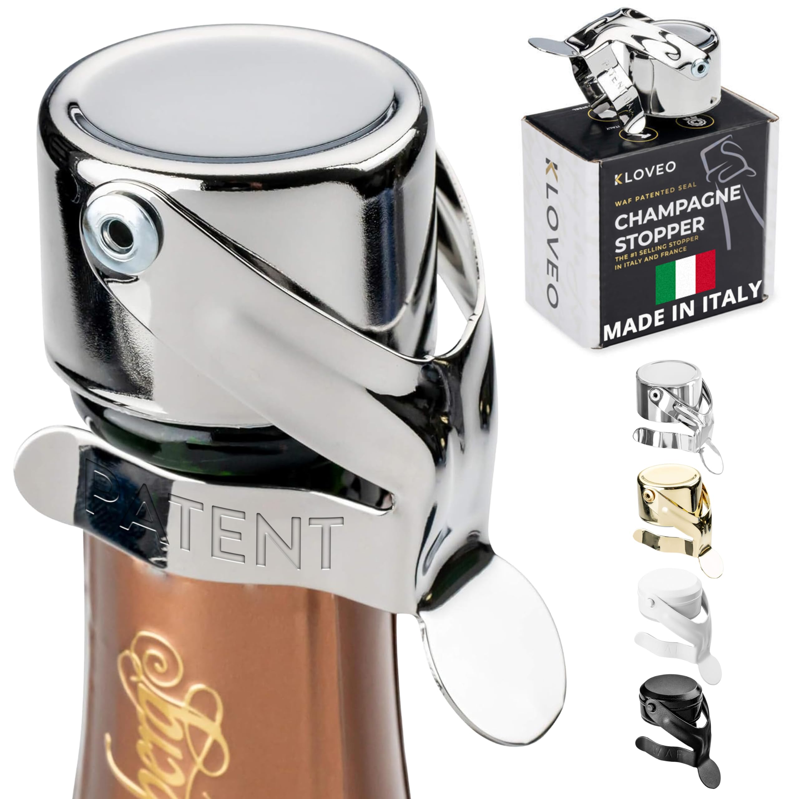 Champagne Stoppers by Kloveo - Patented Seal - Italian Made - Professional Grade WAF Champagne Bottle Stopper - Prosecco, Cava, and Sparkling Wine Stopper