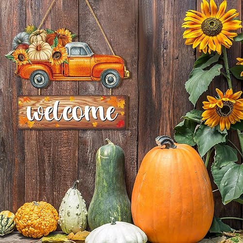 Miniatura 6 de Barydat Letrero de puerta de otoño, decoración de puerta de bienvenida de Acción de Gracias, letrero de madera para puerta de cosecha con girasoles,