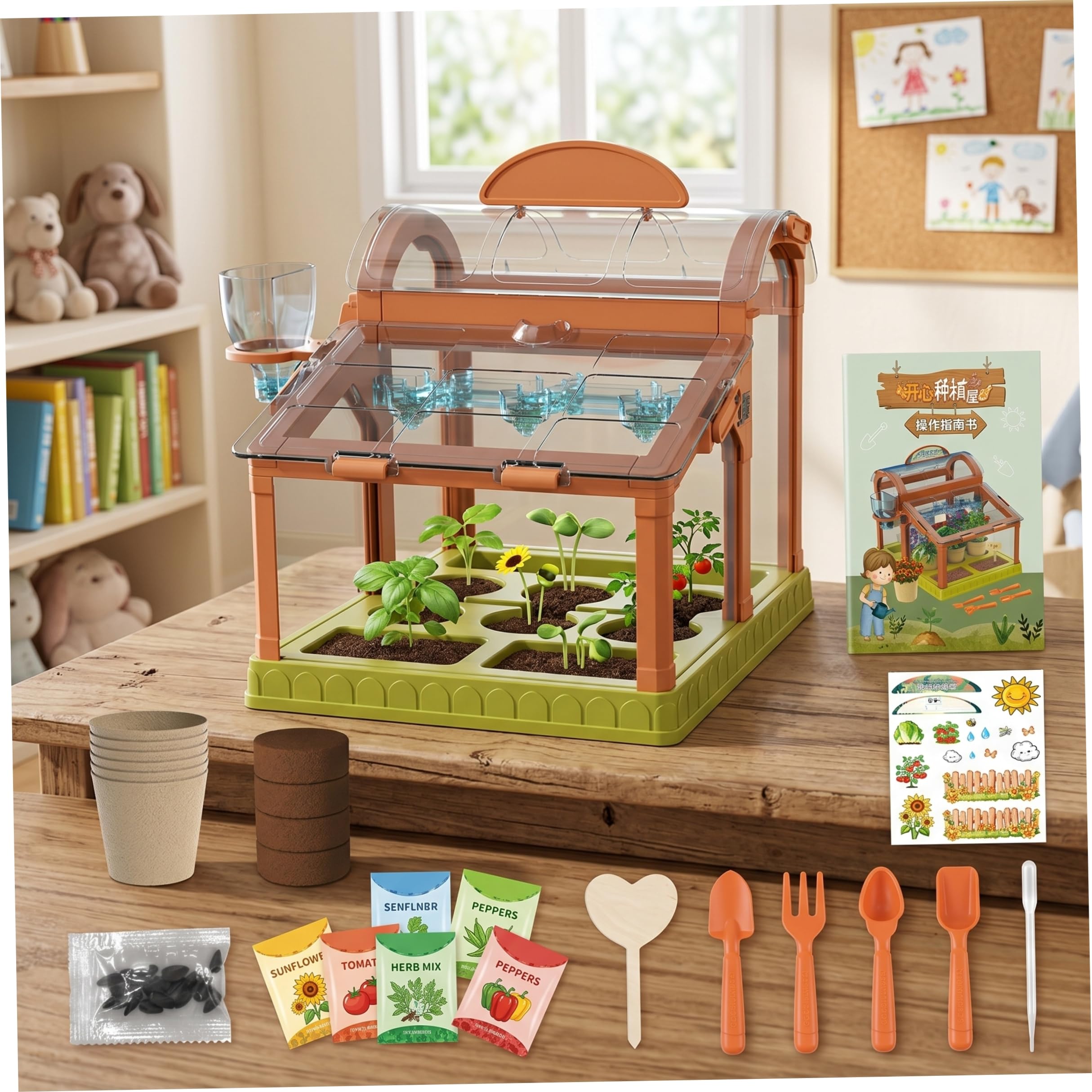 Kit de cultivo de plantas para niños, mini invernadero completo con luz LED de cultivo y herramientas, kit educativo de de plantas de interior para el hogar y la escuela