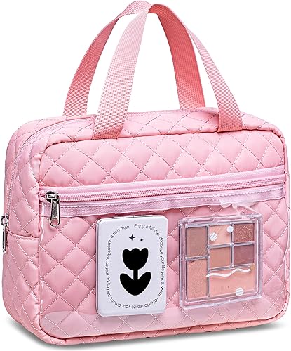 CAMTOP Bolsa de maquillaje para mujeres y niñas, bolsa de cosméticos de pana para viaje, bolsa con cremallera, Acolchado rosa., Bolsas de cosméticos