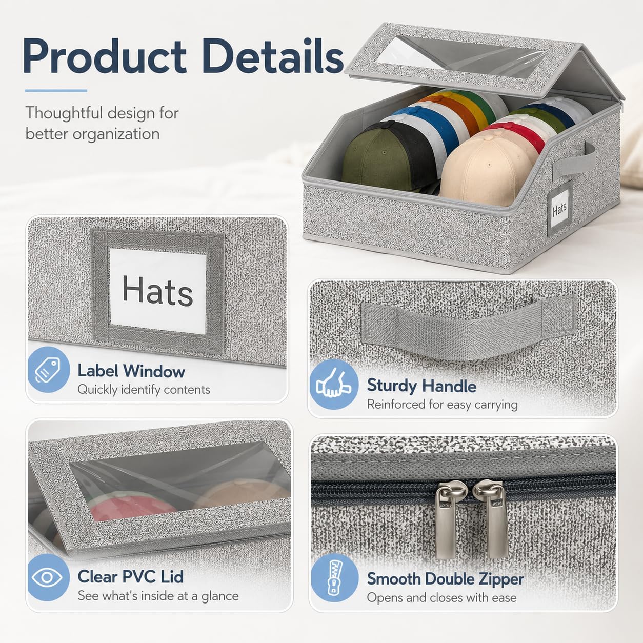 2 Pack Hat Storage for Baseball Caps, Holds Up to 48 Caps, Sturdy Hat Organizer for Closet with Clear Window, Space-Saving Hat Box ,Stackable Hat Storage for Baseball Caps, Cowboy Caps(Grey,2 Pack)