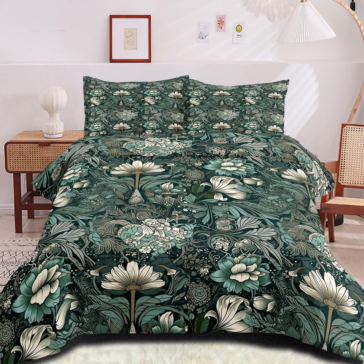 CCoutueChen Emerald Green Floral Comforter Set Twin