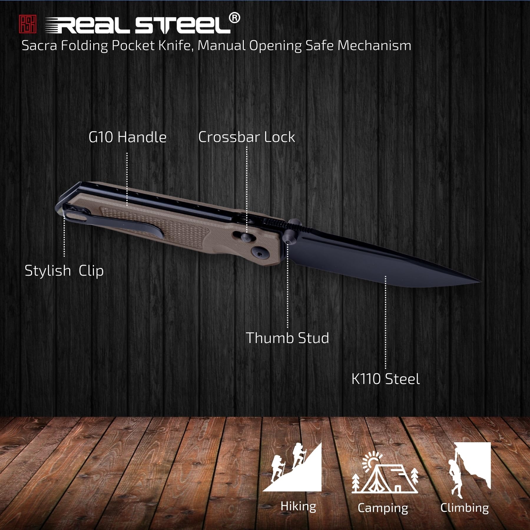 REALSTEEL SACRA Pocket Knife, Folding Knife, Crossbar Lock, 3.31