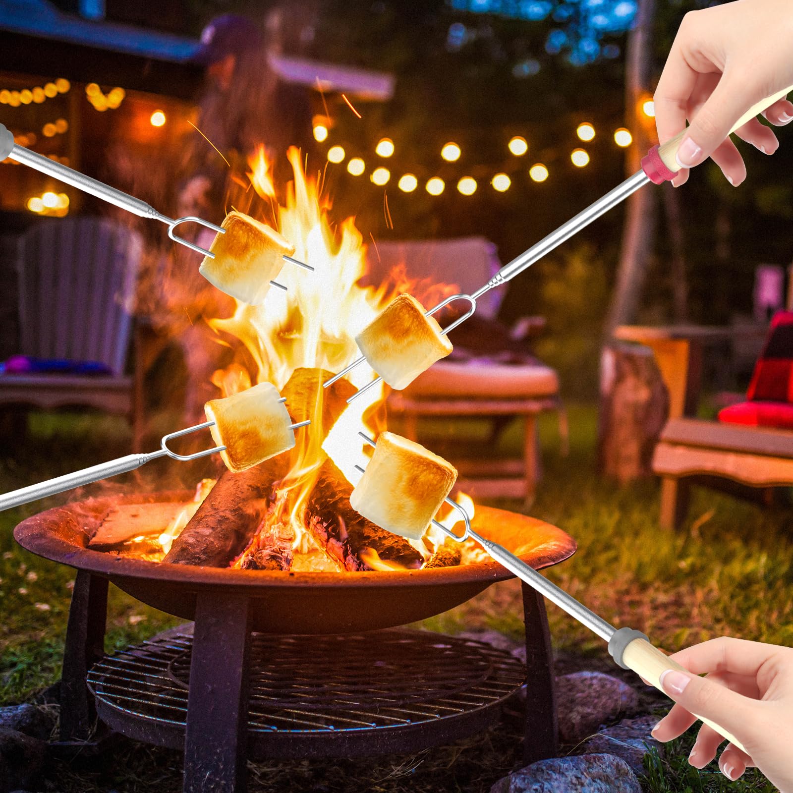 GeeRic Marshmallow Toasting Forks, 6 Pack Extendable Stainless Steel Sticks Barbecue Forks U Shape Hot Dog Fork with Wooden Handle for Roasting Marshmallows and Hot Dogs Camping — view 7