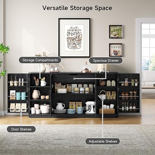 Miniatura 6 de ONBRILL Armario de buffet curvado con almacenamiento, aparador grande de 63 pulgadas con cuatro puertas y estantes, moderna mesa de café para