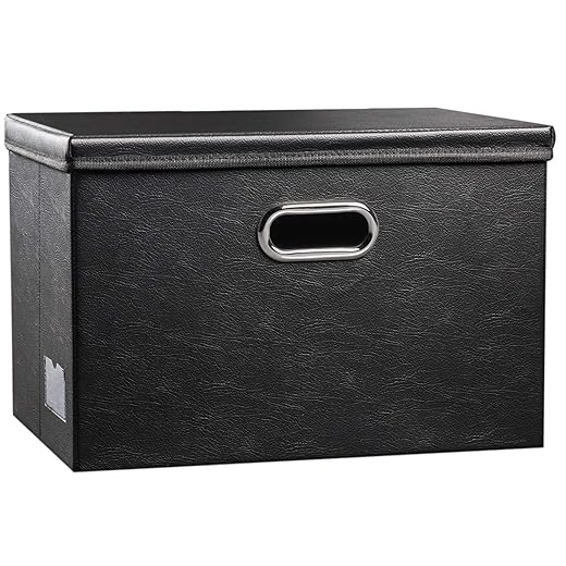 PRANDOM Large Collapsible Storage Bin with Lid [1-Pack] Leather Fabric Foldable Storage Box Organizer Containes Basket Cube with Cover for Home Bedroom Closet Office Nursery Black (17.7x11.8x11.8)