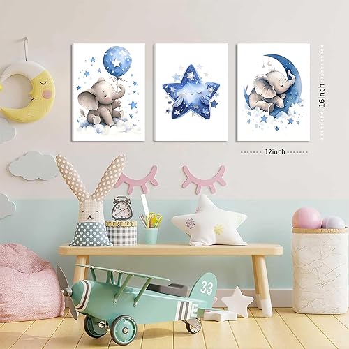 Miniatura 4 de Juego de 3 lienzos de pared en lienzo para el cuarto del bebé, elefante azul, luna y estrellas, pintura para decoración de pared, bonitos pósteres