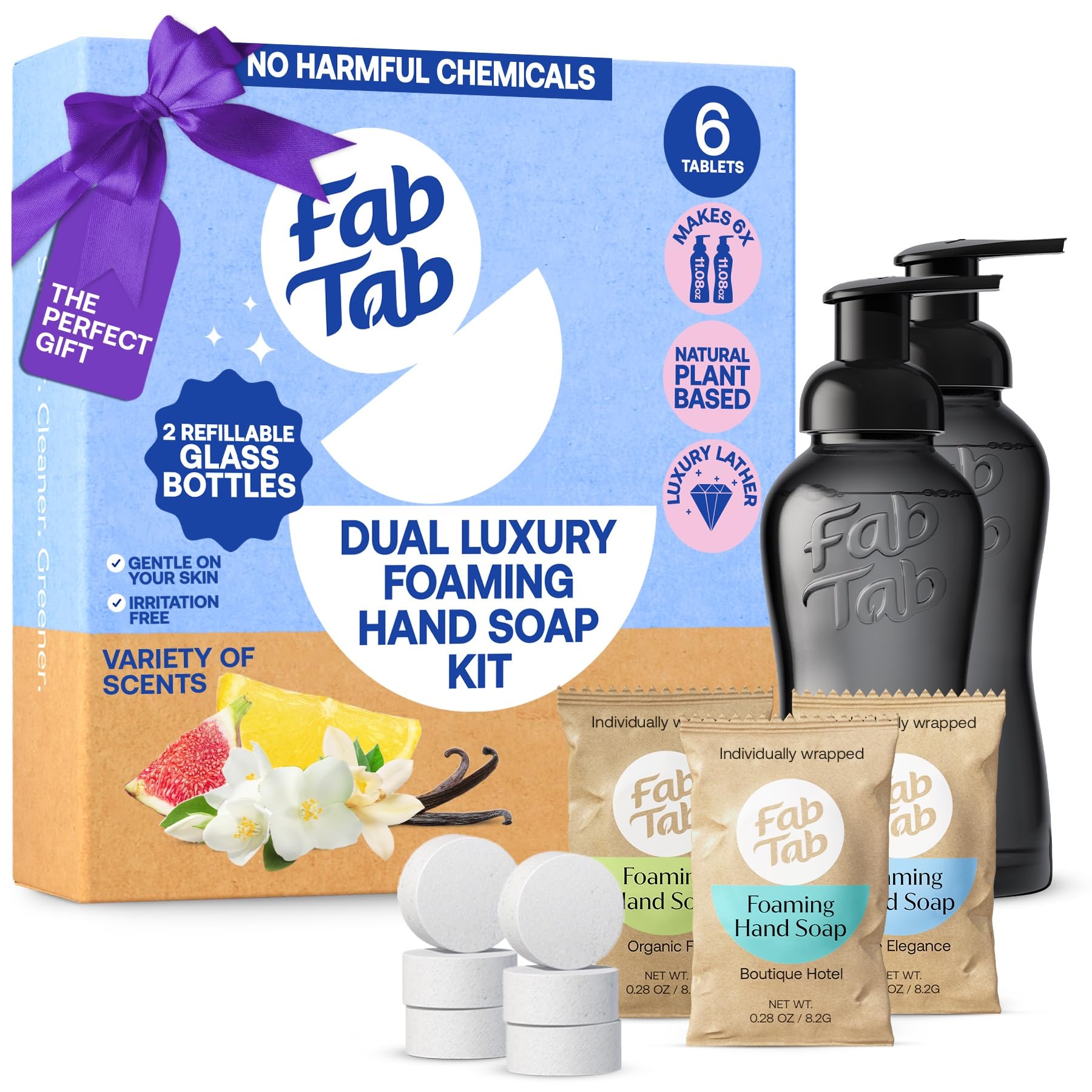 FabTab Dual Foaming Hand Soap Kit - 6x Plant-based Hand Wash Tablets -Convenient & Easy To Use 2x Refillable Glass Bottles - Variety Fragrances - (
