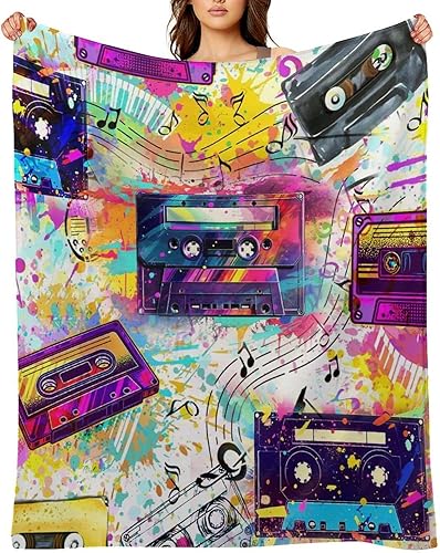 Miniatura 13 de Colorida manta de franela con cinta de casete de los años 80, estilo retro rústico de los años 70 y 80, cintas mecánicas de acuarela suave, cálida y