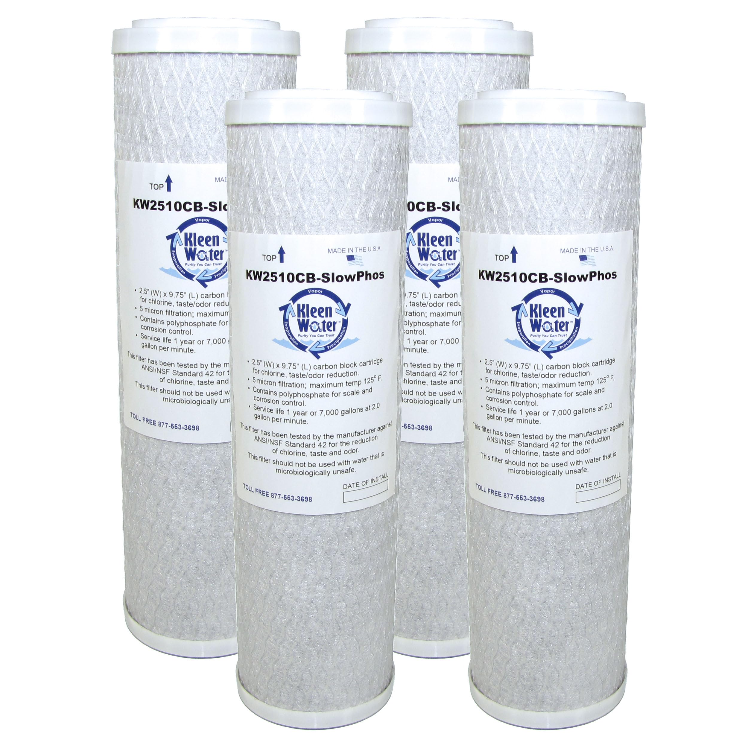 KleenWater Polyphosphate Chlorine Carbon Water Filter, Scale Hardness and Corrosion Control for Commercial Ice Machines, Made in the USA, 4-Pack