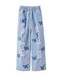 Girl's Butterfly Print Elastic Waist Wide Leg Ripped Jeans Denim Pants