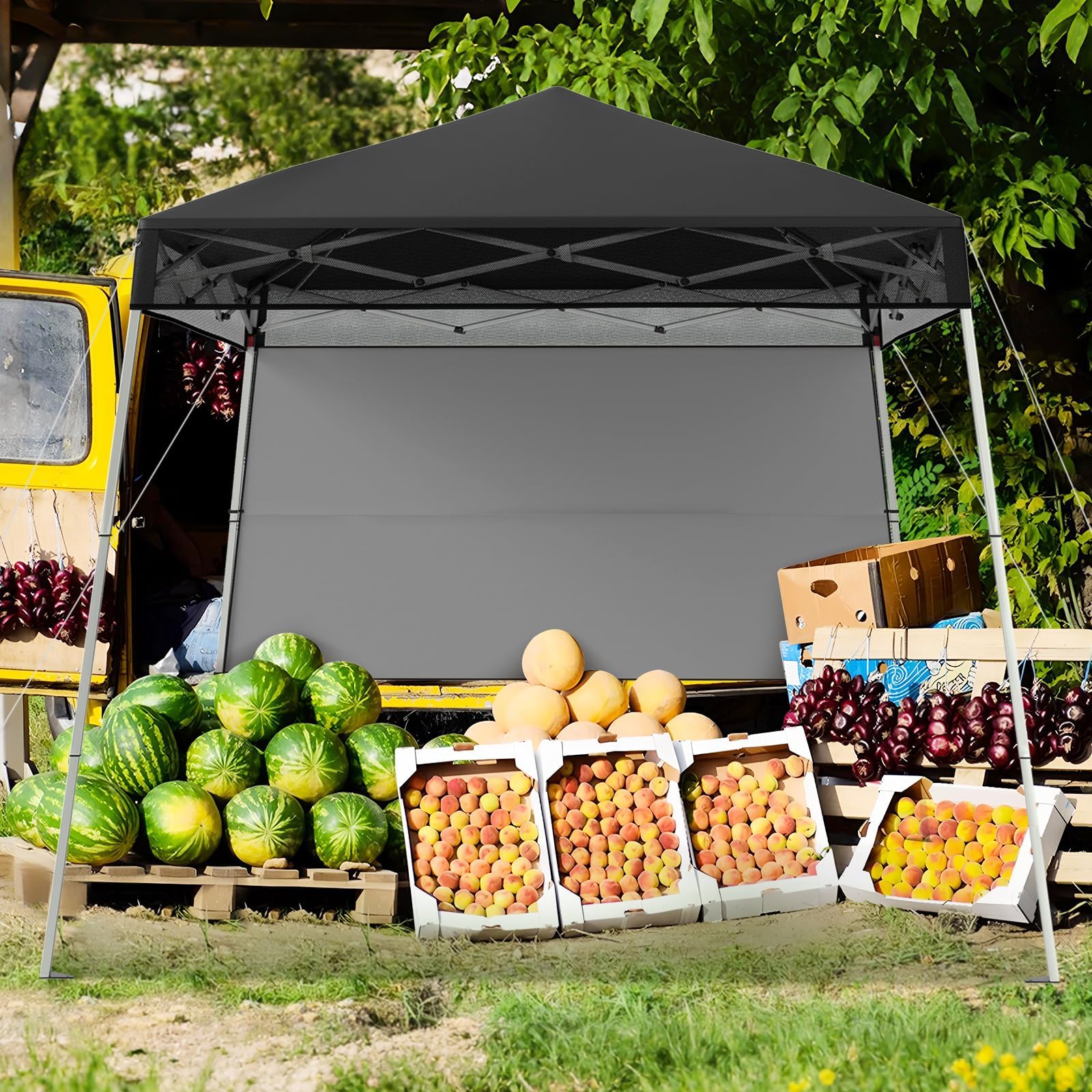 FANTASK Tonnelle Pop-up - Réglable en Hauteur - Imperméable et résistante à l'hiver - avec paroi latérale et Crochets de Sol - pour Jardin, fête - Noir