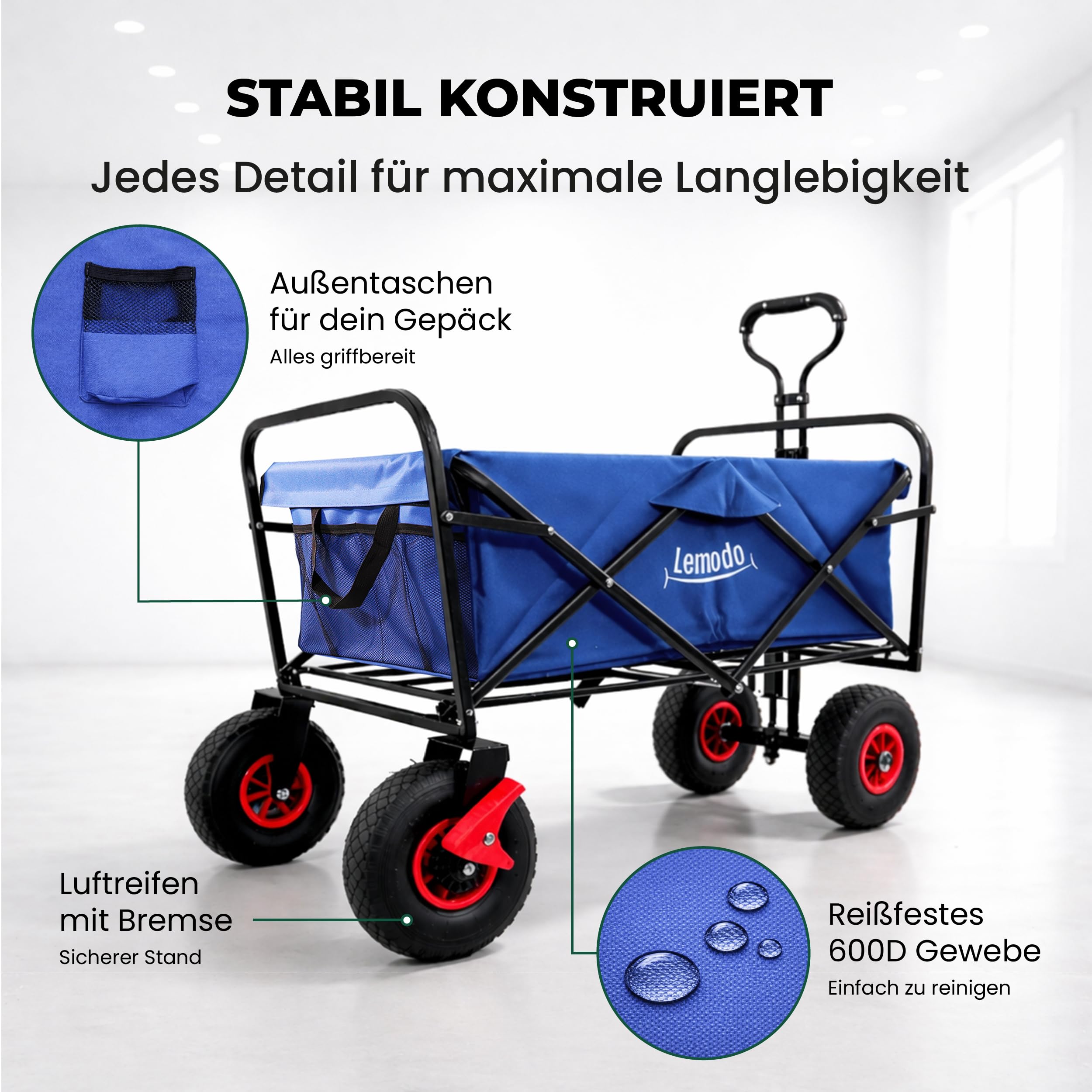 LEMODO Chariot pliable bleu avec pneus gonflables, échelle avec capacité de charge de 120 kg, chariot pliable avec 2 freins, chariot de transport pour chiens, ustensiles et bagages