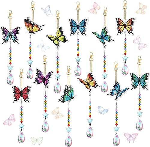 Kigley Kit de 12 llaveros de pintura de diamante de mariposa, kit de pintura de diamante, carillón de viento de doble cara, adornos colgantes de