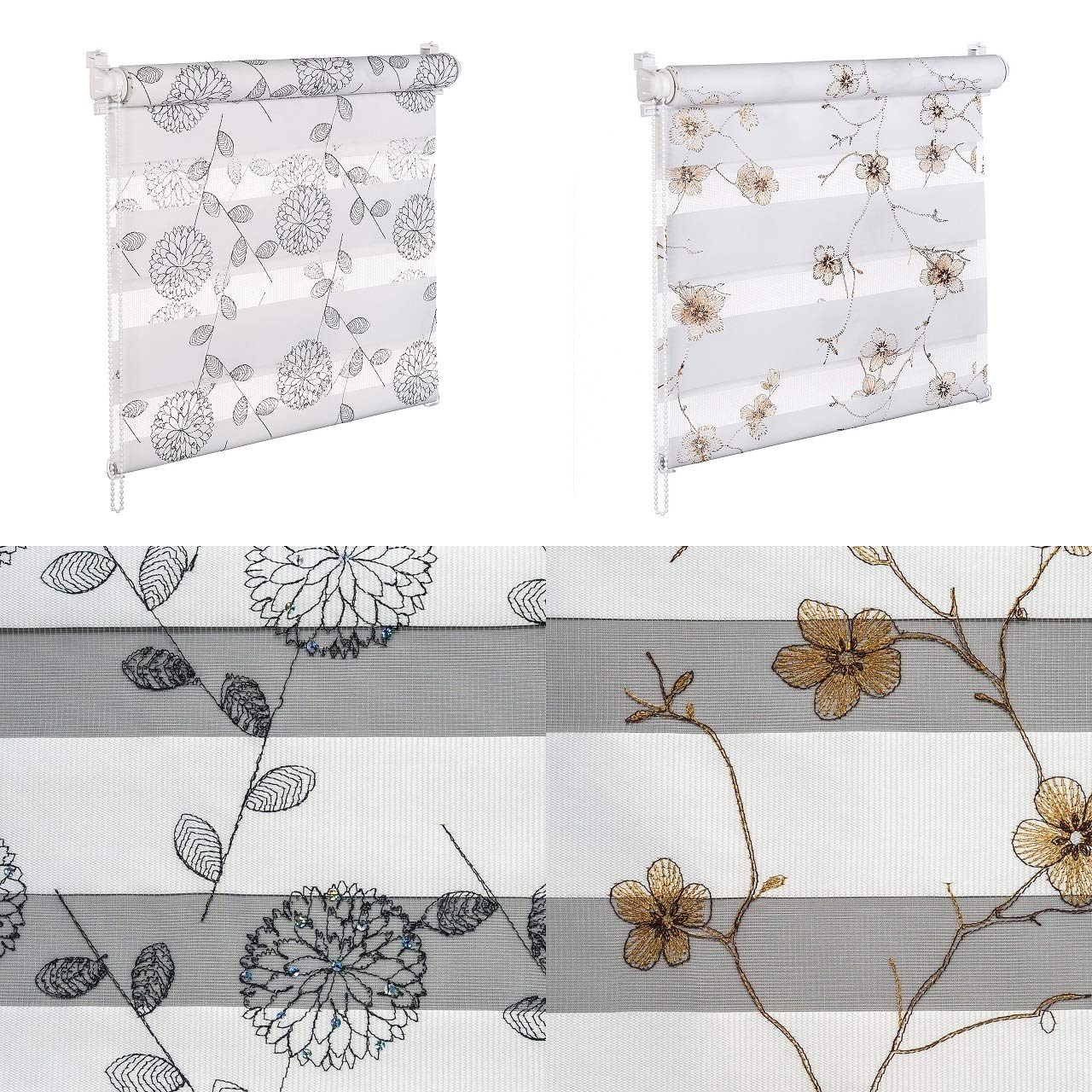 KSHANDEL24 DOPPELROLLO MIT Pailetten UND GLANZFASER Kupfer BRAUN Weiss SCHWARZ Blumenmuster (Blumen Kupfer Glanzfaser, 90x150 cm)