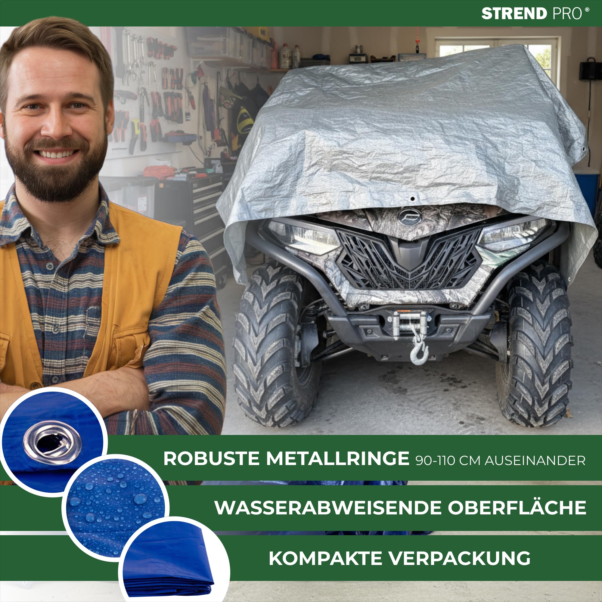 STREND PRO Abdeckplane 8x12 – Wasserdicht mit Ösen | Outdoor Gewebeplane Bauplane 65g/m² | Regenplane grün 8x12m| UV-beständig | Holzplane für Gartenmöbel, Zelt, Camping | Abdeckung Plane