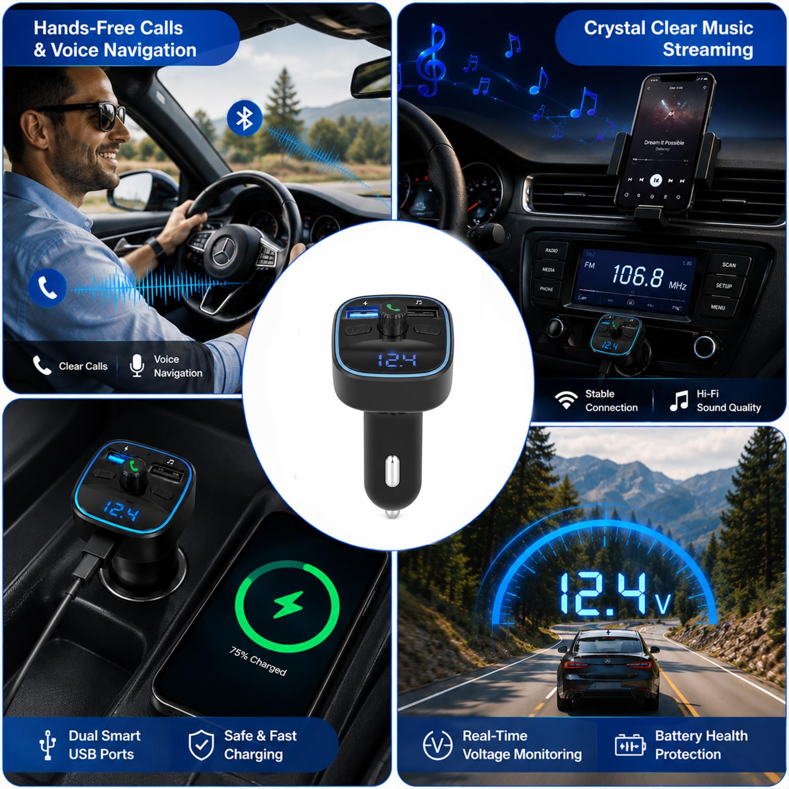 Bluetooth FM-Transmitter, Auto Bluetooth-Adapter mit Doppel-USB-Port 5V 2,4A/1A, Freisprecheinrichtung, USB- & SD-Karten-MP3-Player, Batteriespannungsanzeige, Kabelloses Audio-Autoladegerät