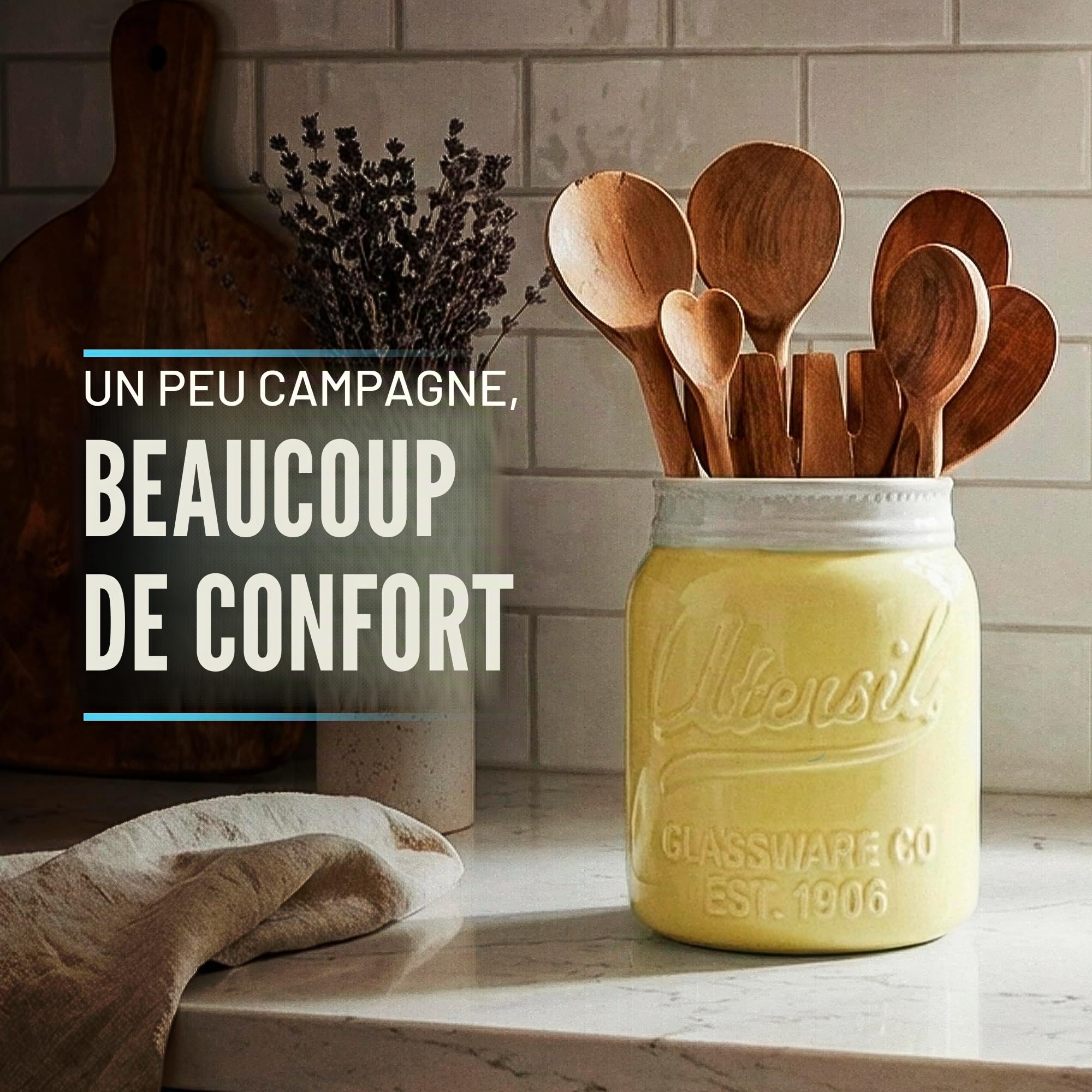 Comfify Large Opening Mason Jar Utensil Holder Jug Decorative Kitchen Equipment Organizer, Dishwasher Safe - Yellow, Large Size Tall 7"