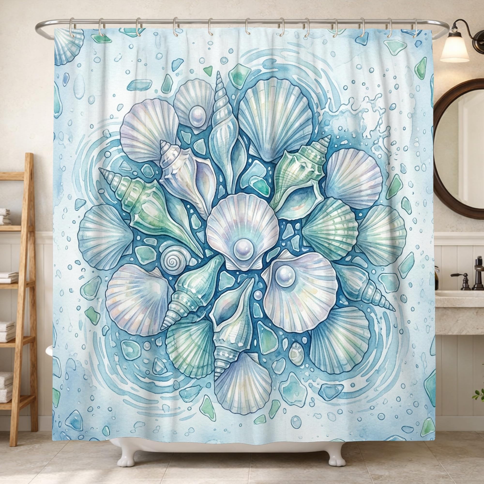 Rideau de douche imperméable anti-moisissure 183x213 cm polyester coquillages bleu salle de bain