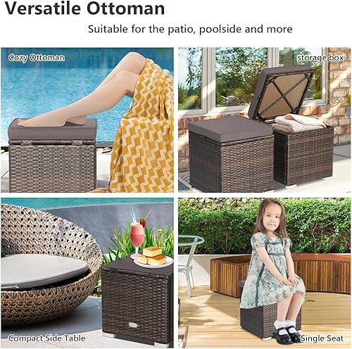 Miniatura 6 de Tangkula Patiojoy - Mesa auxiliar de ratán de polietileno tejida a mano con cojín extraíble y espacio de almacenamiento oculto caja de