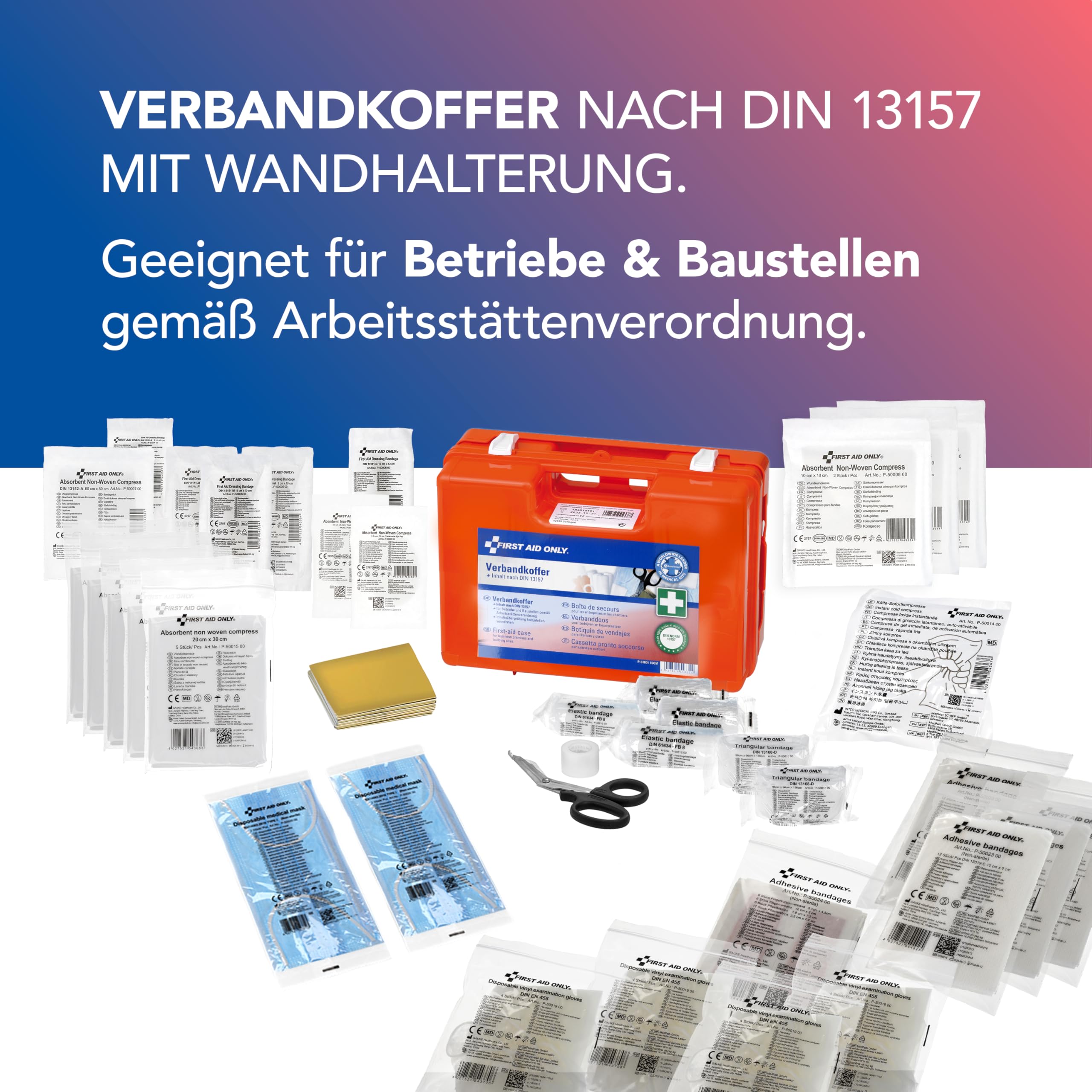 First Aid Only Erste Hilfe Koffer DIN 13157 mit Wandhalterung | Verbandskasten für Betriebe und Haushalte gefüllt nach DIN 13157:2021 | Tragegriff, Montagematerial und 90°-Arretierung | P-51001 00