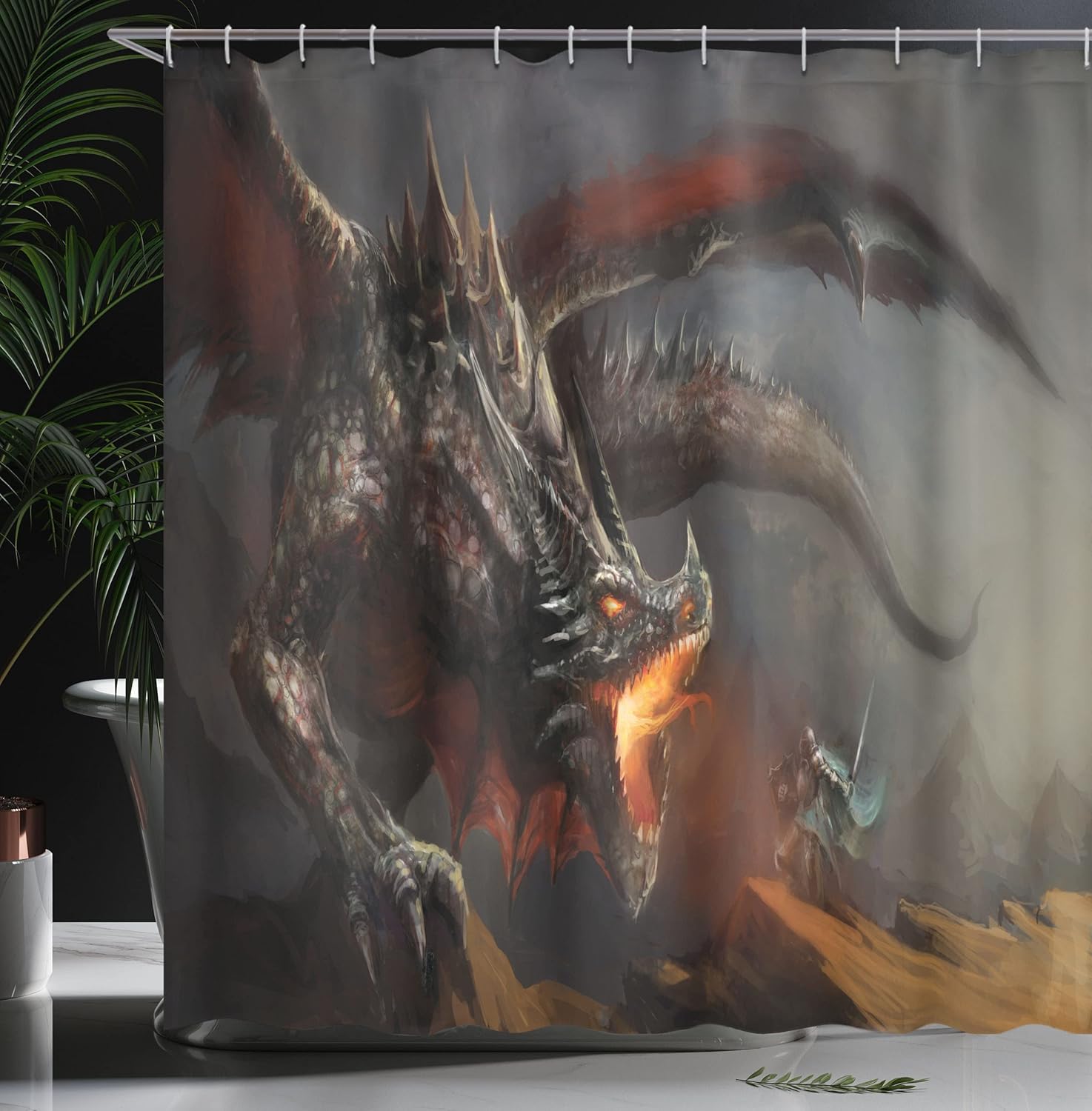 Ambesonne Medieval Shower Curtain, Fantasy Scene Fearless Knight with Dragon Art Antique Fantasy, Cloth Fabric Bathroom Decor Set with Hooks, 69" W x 70" L, Dimgrey Charcoal