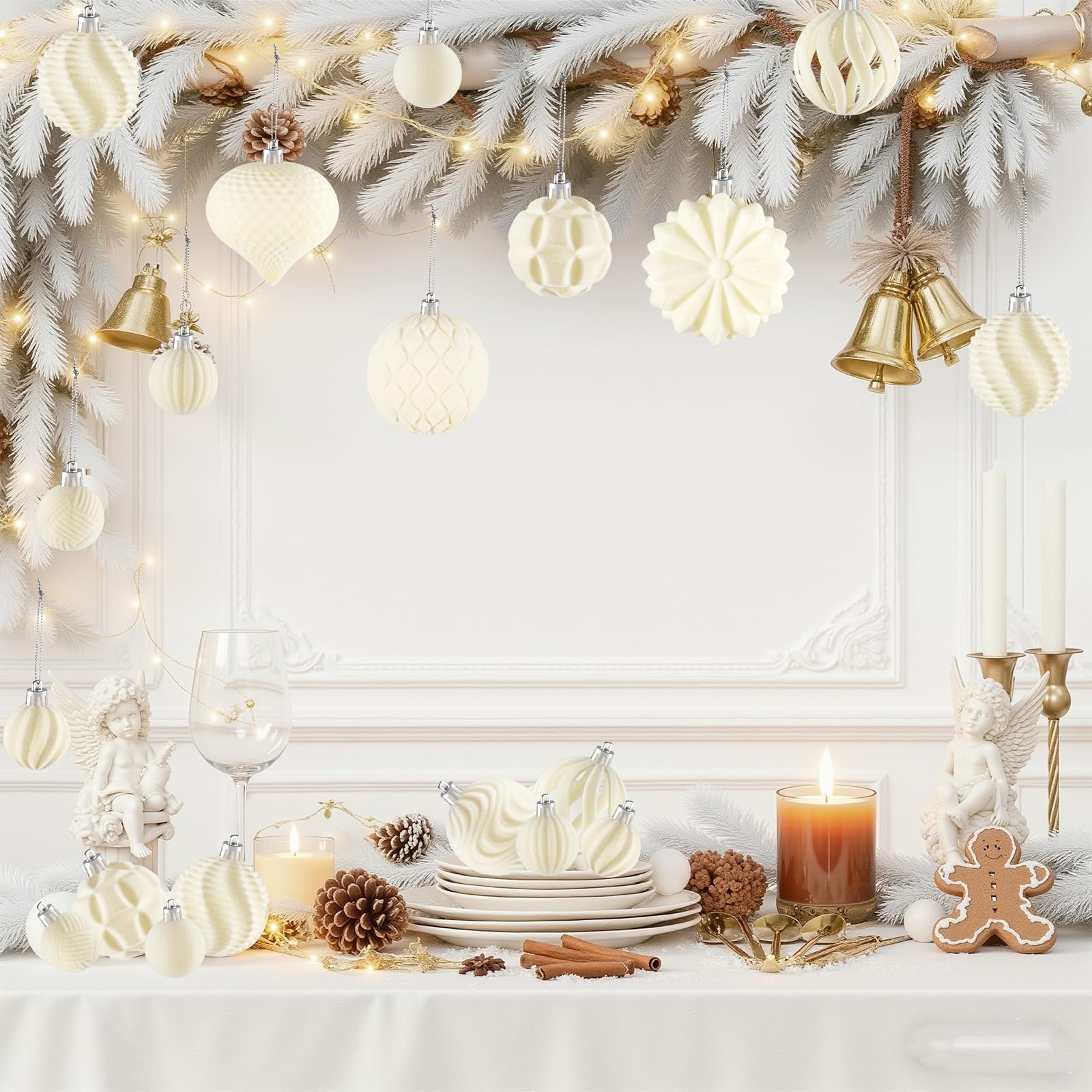 48 Stück Weihnachtskugeln Beige Samt Christbaumkugeln,Baumkugeln Weihnachten,Kugeln Weihnachtsbaum,Weihnachtsbaumschmuck,Weihnachtsdeko Kugeln mit Haken für Moderne Weihnachtsdeko Boho