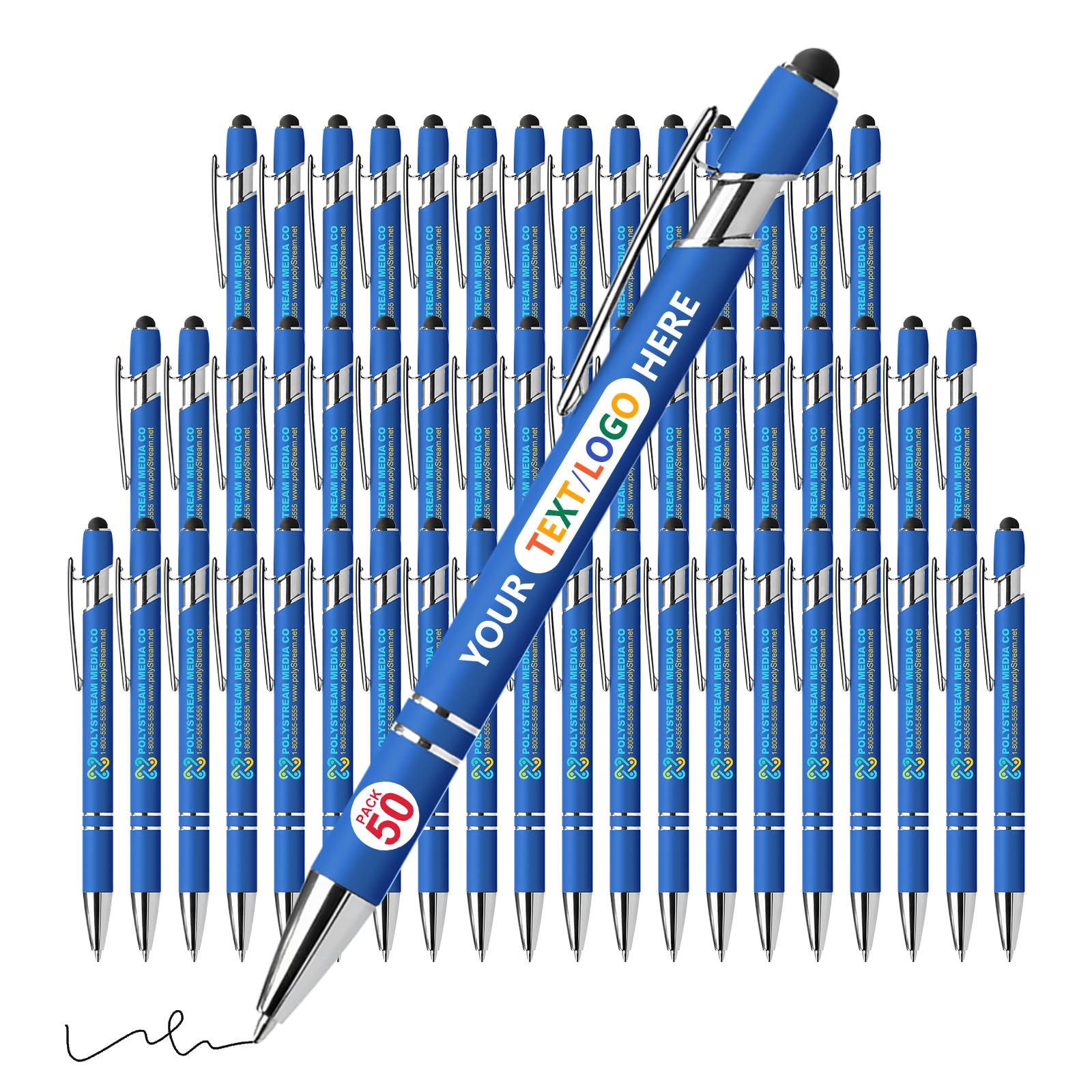 Vebermo 50 Pack Personalised Pens with Stylus | Custom Full-Color Logo/Name/Message | Black Ink Smooth Writing Touchscreen Pens | Ideal for Office, Teachers, Students & Corporate Events, Blue