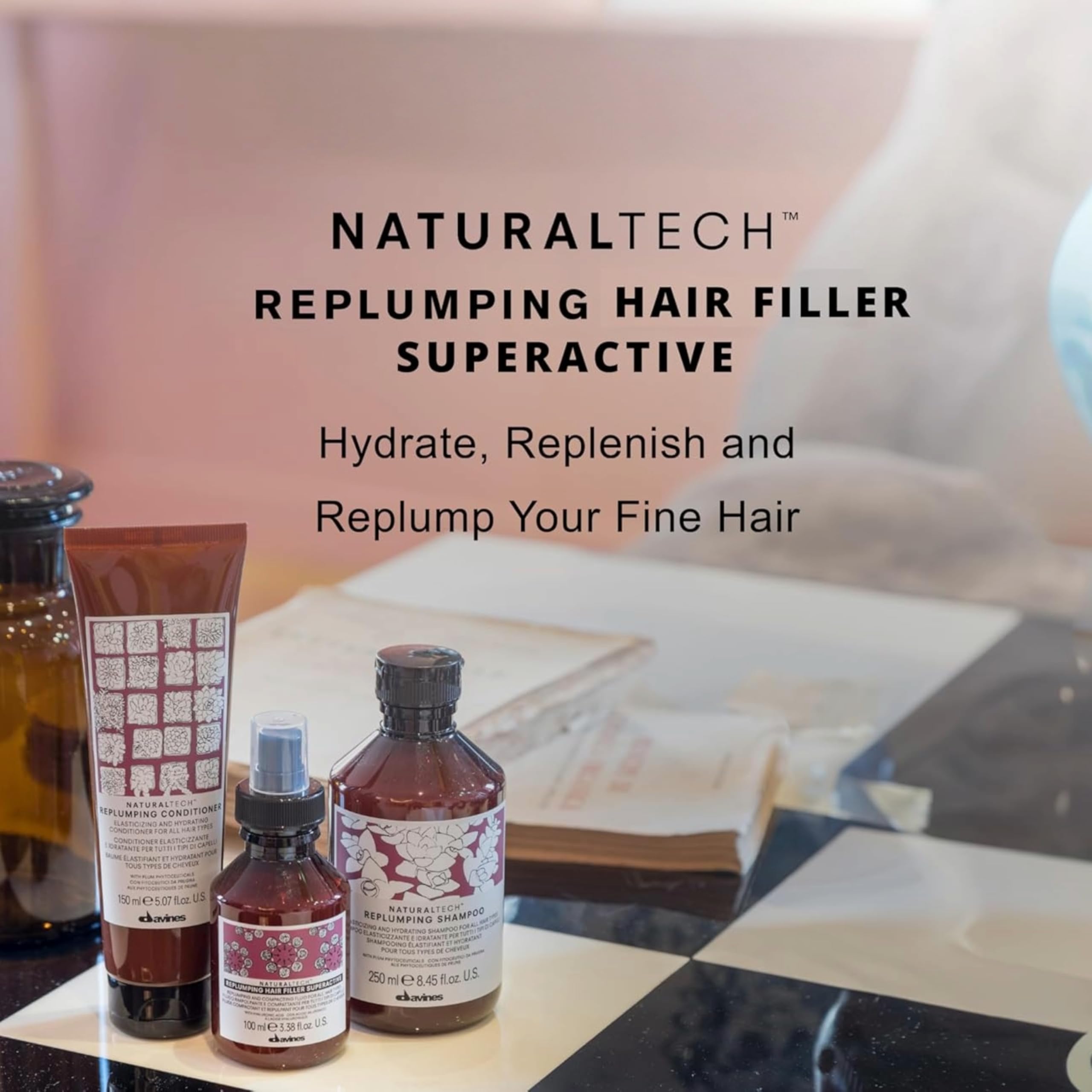 Davines Naturaltech Replumping Hair Filler Superactive, Moisturizing for Fine Hair Lacking Elasticity - With Plum Phytoceuticals - Thickens & Plumps Hair, Travel Size, 3.38 Fl Oz