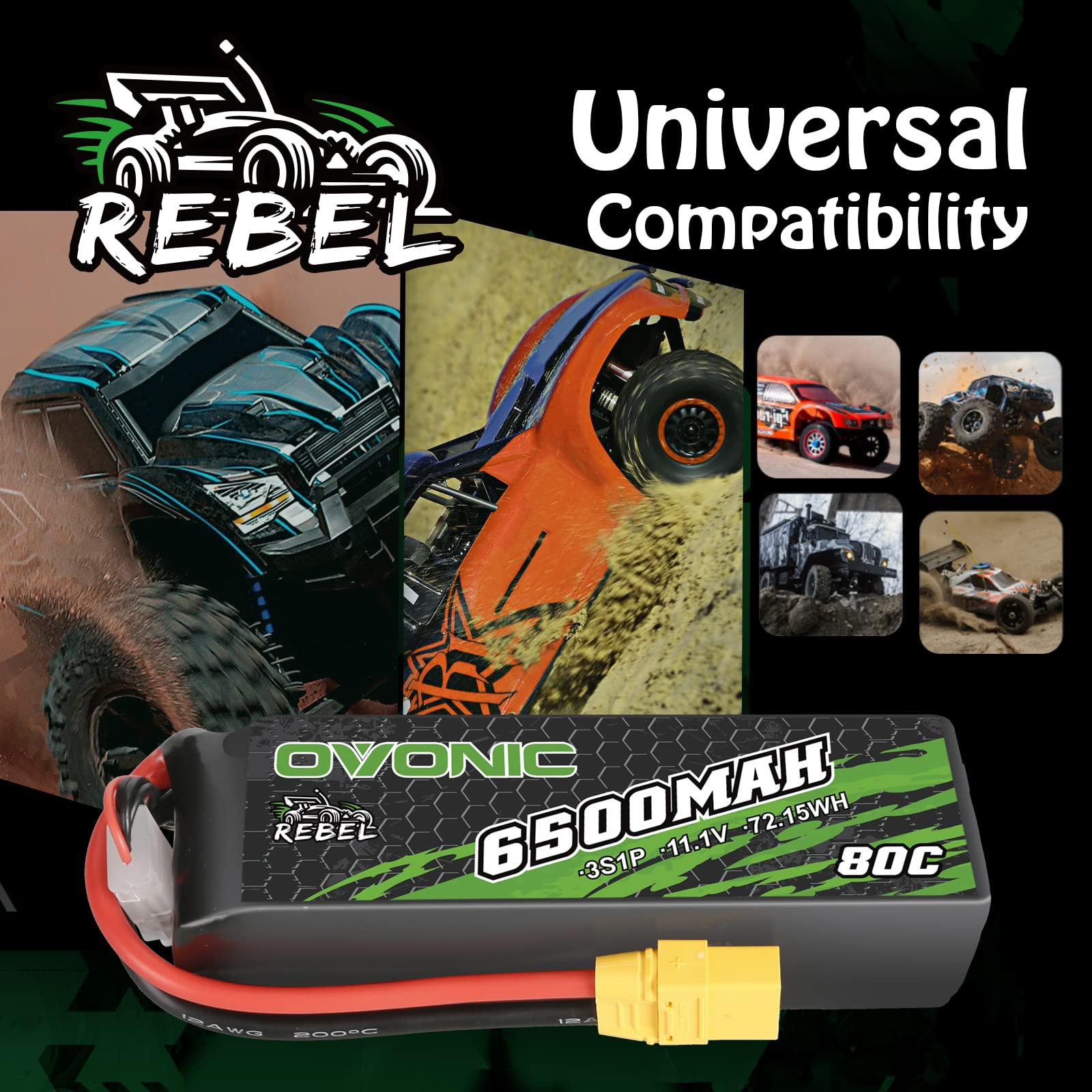 OVONIC Batterie Lipo 3s 6500mAh 80C 11.1V avec connecteur XT90 pour Voiture RC Bateau Camion Buggy équipe Associée Bricolage Passe-Temps