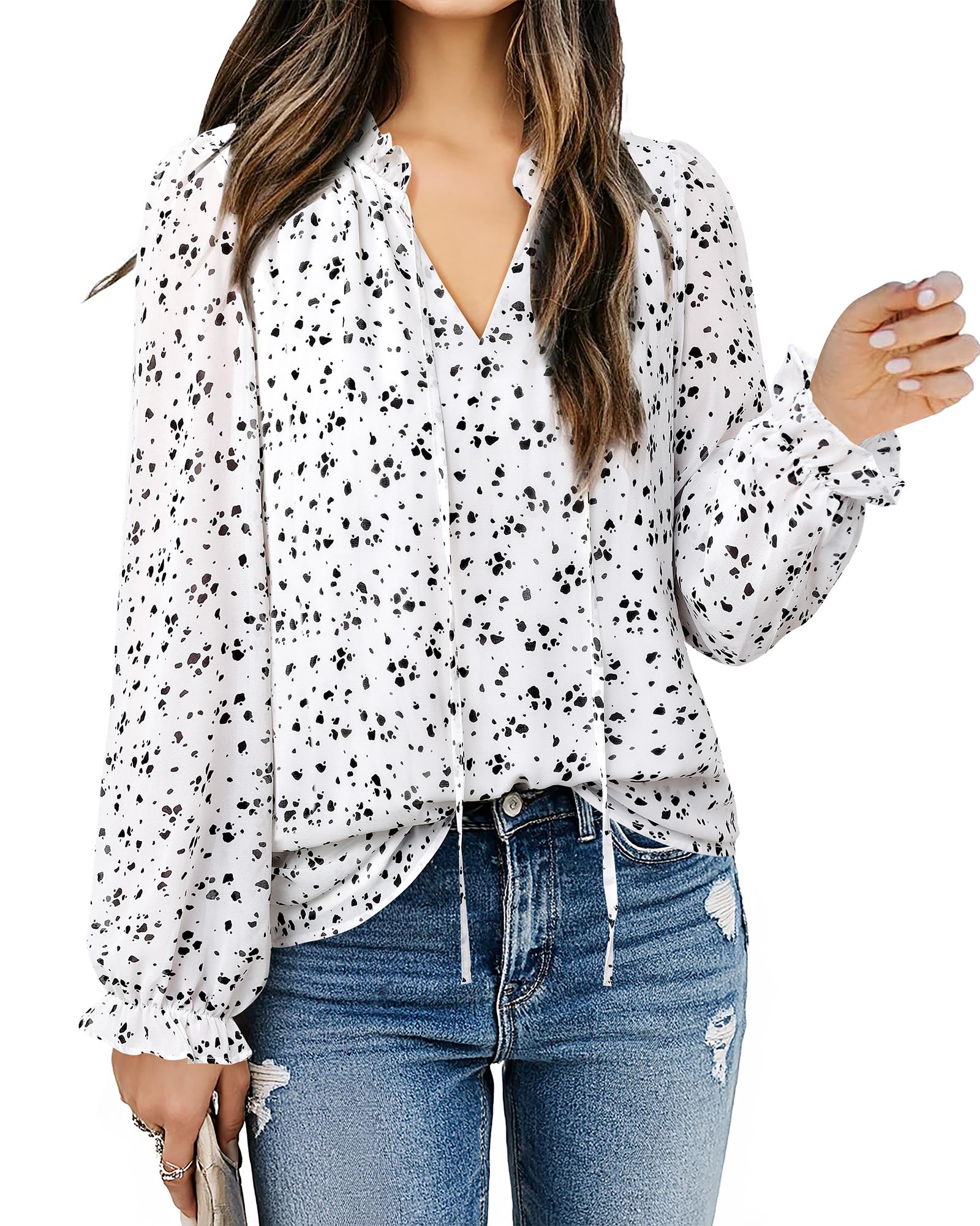 Womens Business Casual Blouses Ruffle V Neck Work Dressy Shirts Long Sleeve Chifffon Tunic Tops