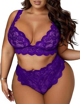 Women Plus Size 2 Piece Lingerie Sexy Floral Lace Scallop Trim Bralette and High Waist Panty Set