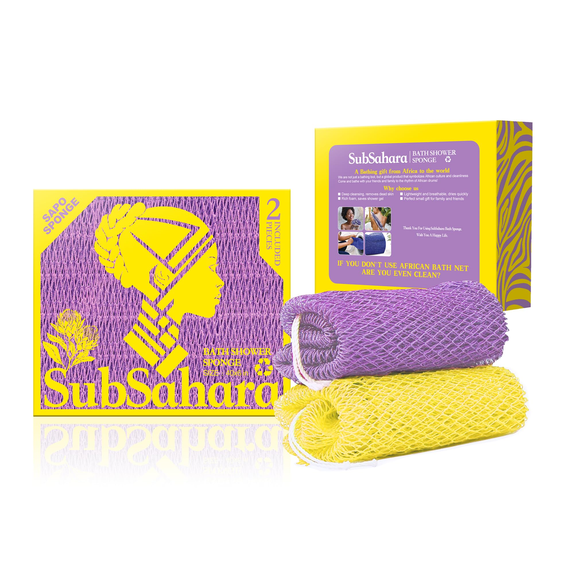 SubSahara Authentic African Net Sponge - 2 Pack Exfoliating Bath & Shower Loofah Sponge for Body & Face, Gentle Scrubber for All Skin Types, Travel,