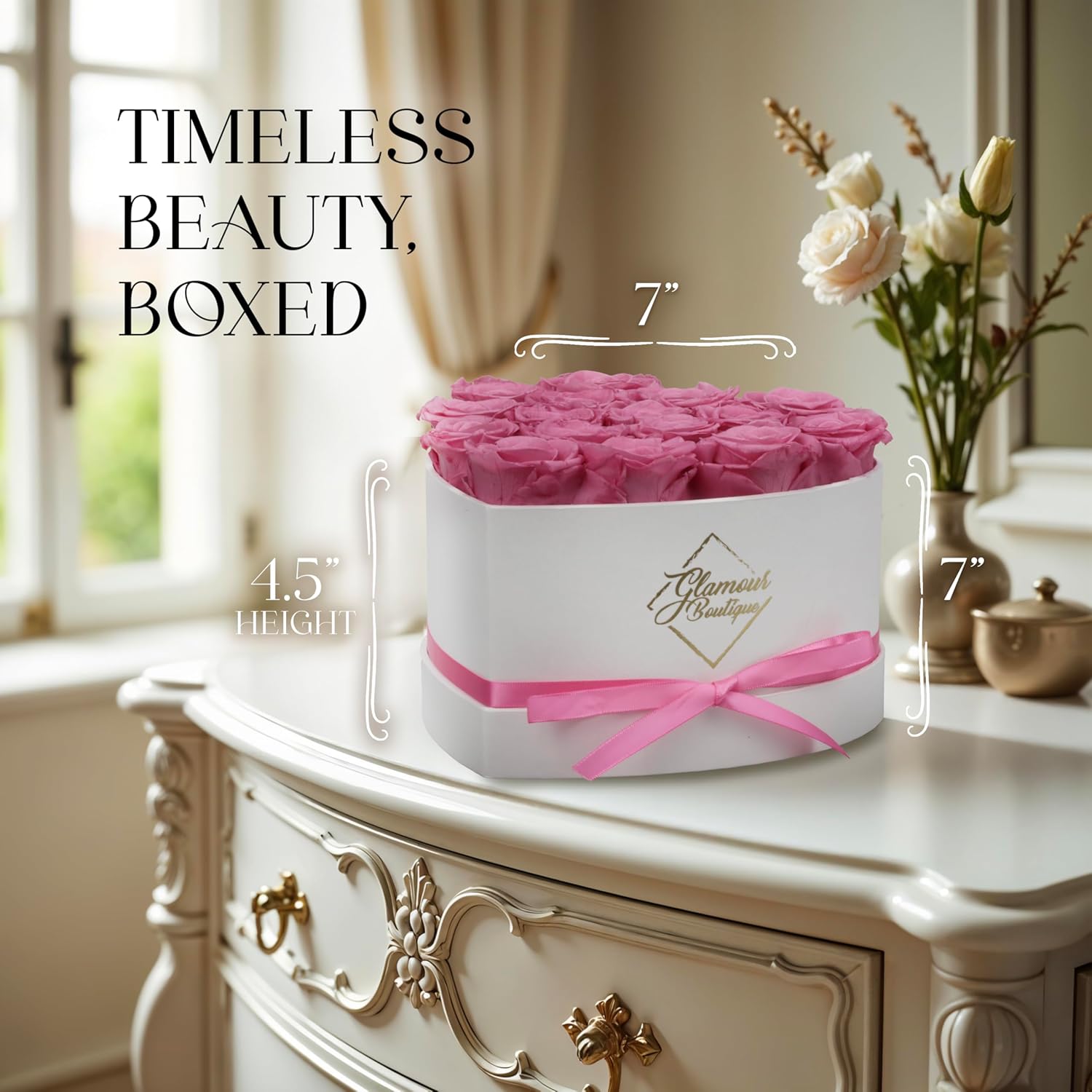 GLAMOUR BOUTIQUE Preserved Roses in a Box - Gifts for Her, Wife & Mom, Rose Flowers Forever Decor for Birthday Gift, Get Well Flower Bouquet Cased in White Box with Cover - Pink - 16 (Color-Treated) - Image 6