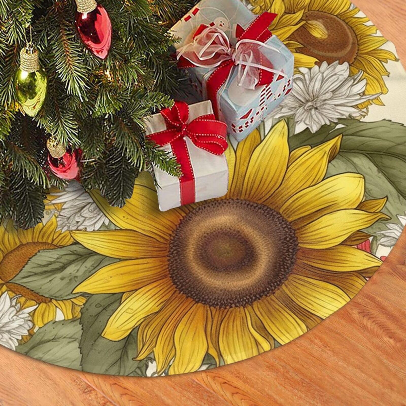 Fodpand Black Bees Sunflowers Daisy Rose Flowers Christmas Tree Skirt 36" Velvet Xmas Tree Skirt Mat Rustic Christmas Tree Mat Cover Winter Xmas Tree Collar For Indoor Outdoor Christmas Decorations