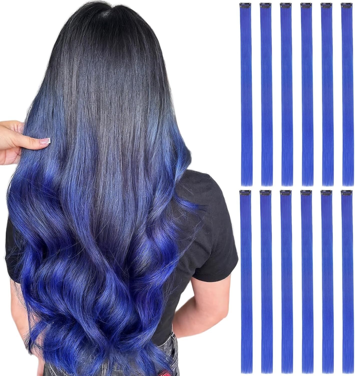 22 Inch Colored Clip-in Hair Extensions – 6 Pcs Blue Hair Extensions for Girls | Long Straight Synthetic Hair Highlights for Party, Cosplay, Dress Up-image-34