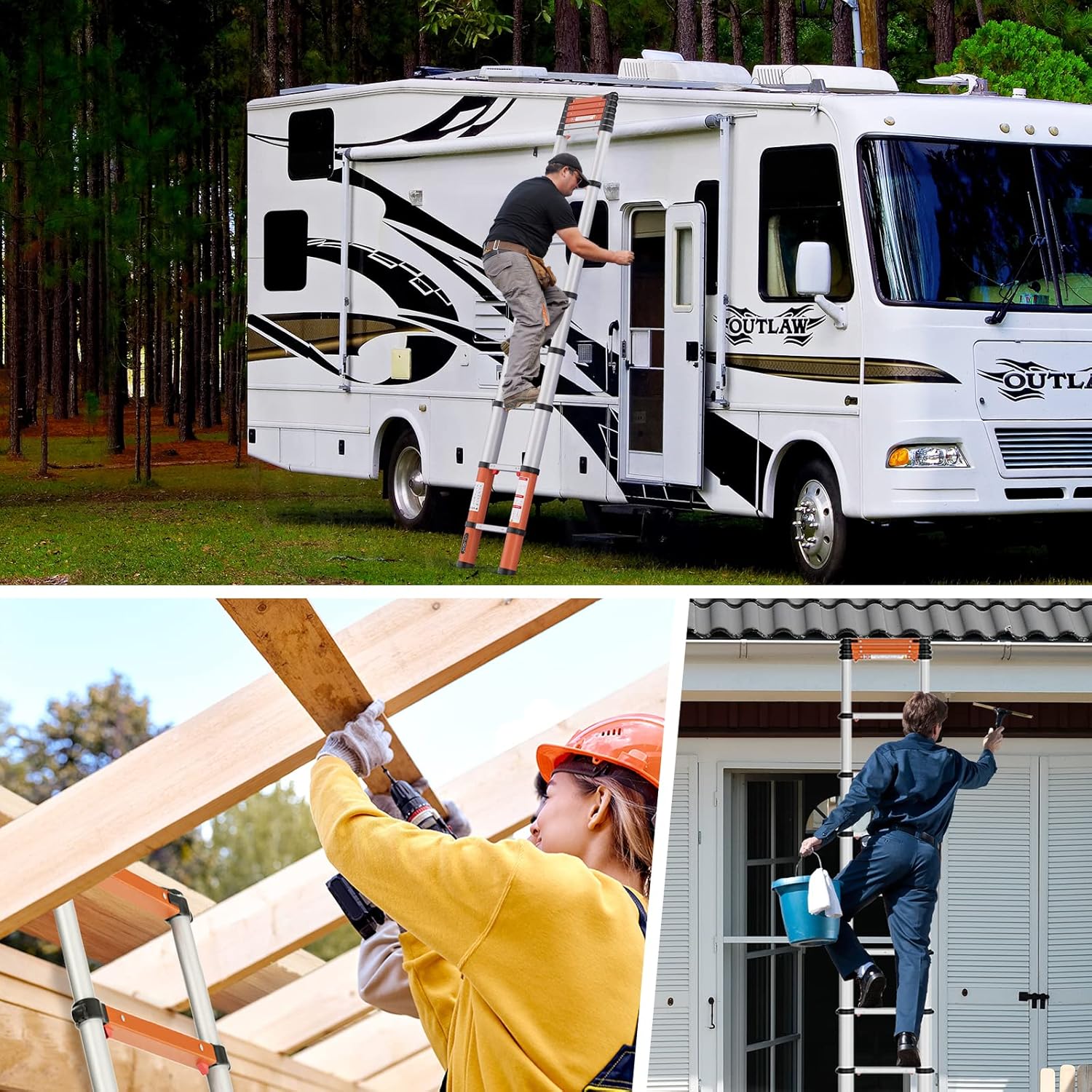 LUISLADDERS Telescoping Ladder Multi-Use Telescopic Extension Ladder One-Button Retraction Anti-Pinch and Anti-Slip 330 Lb Capacity (12.46 Feet) - - 