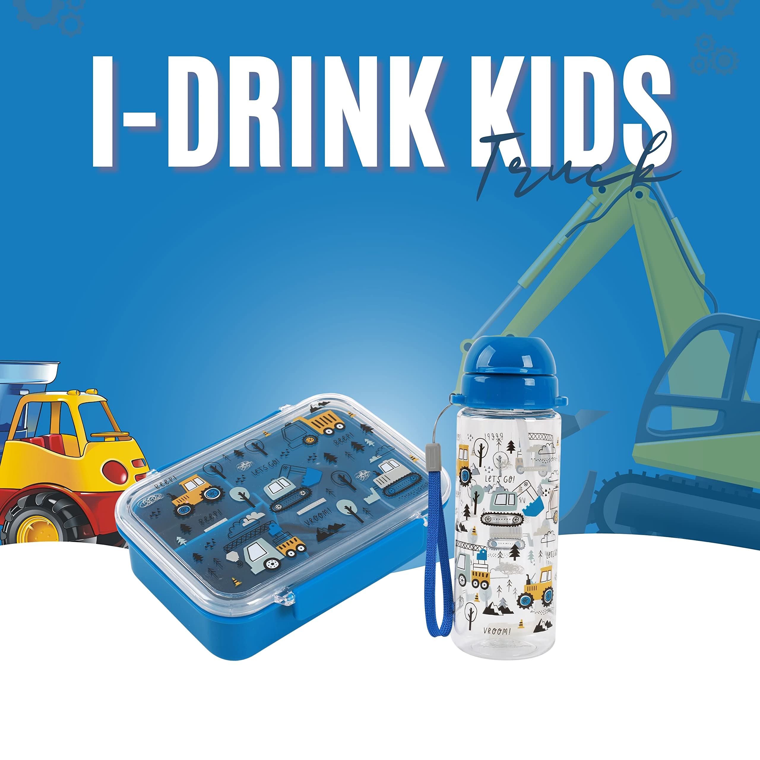I-Drink – Bundle Lunch box + Borraccia Tritan 400ml, per Bambini, Porta Merenda, Picnic, Scuola, Senza BPA, con Disegni di Infanzia (Truck)