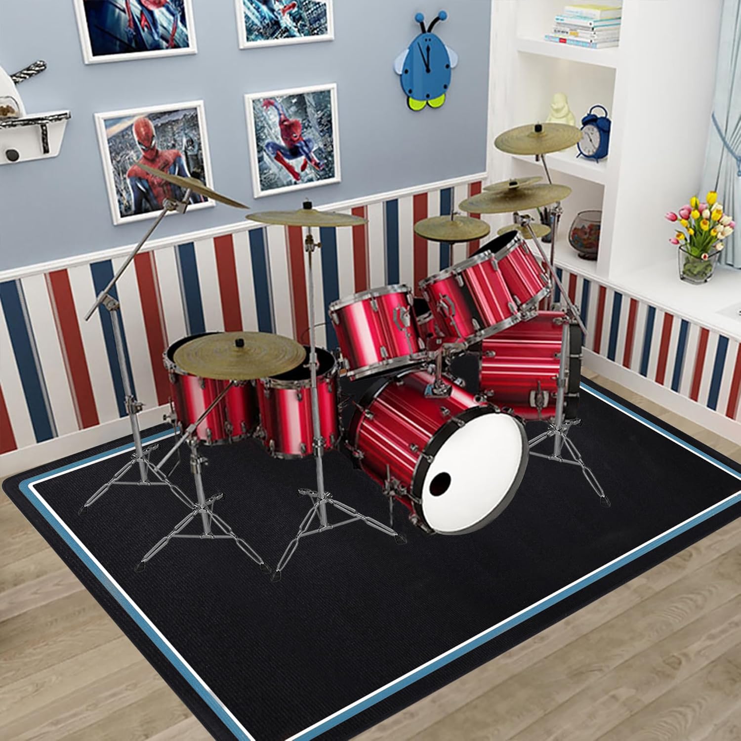 Drum Rug, 5X 6 Ft Drum Mat Carpet Music Rug with Non-Slip Bottom, Soundproof Electrical Pads for Drummers Blue and White Border 5' x 6' (Rectangular)